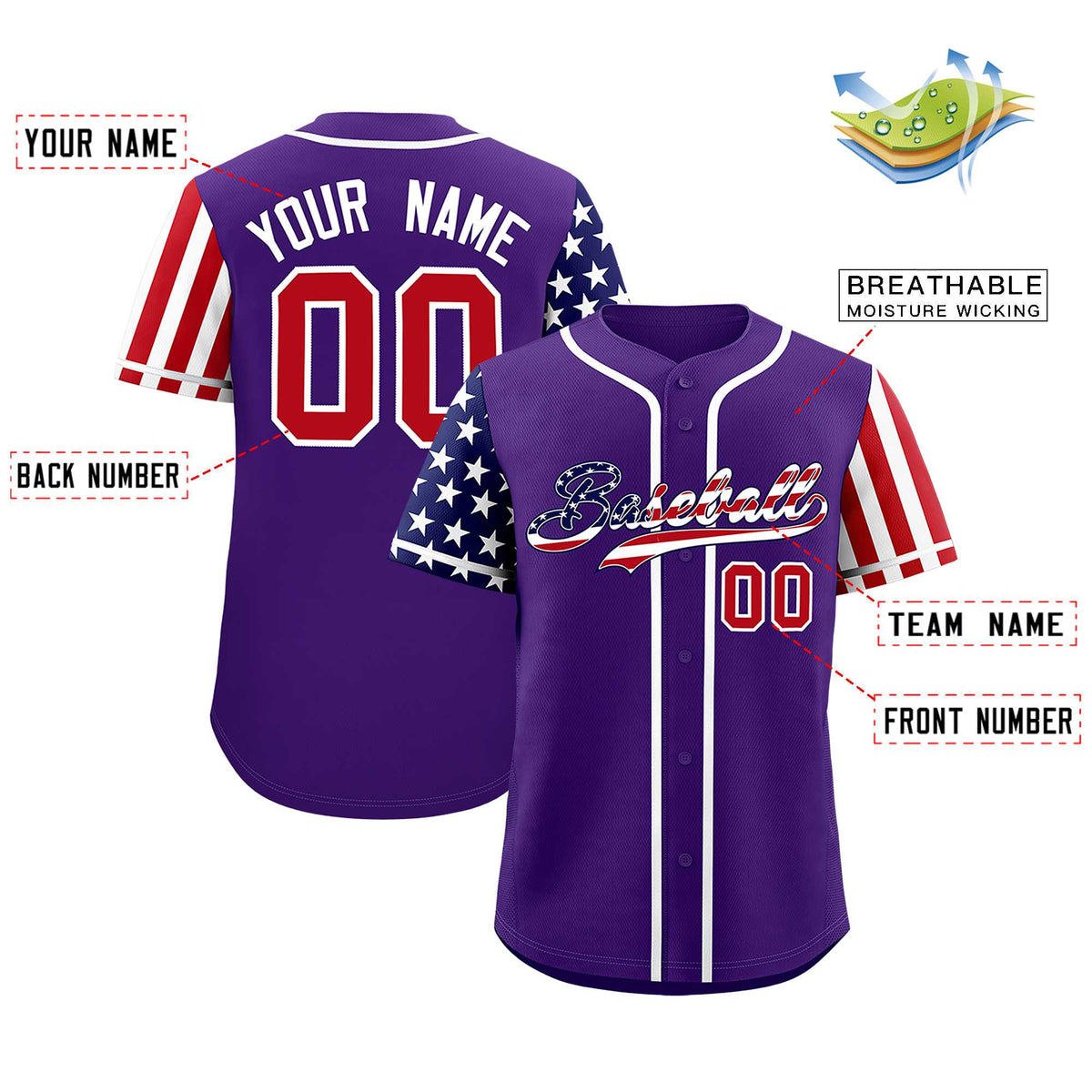 Custom Purple American Flag Design Personalized Baseball Jersey