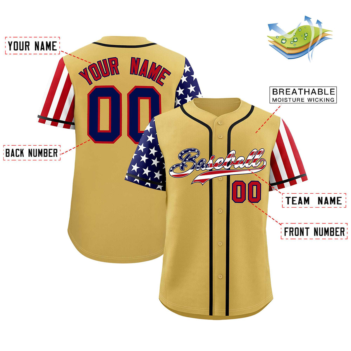 Custom Old Gold American Flag Design Personalized Baseball Jersey