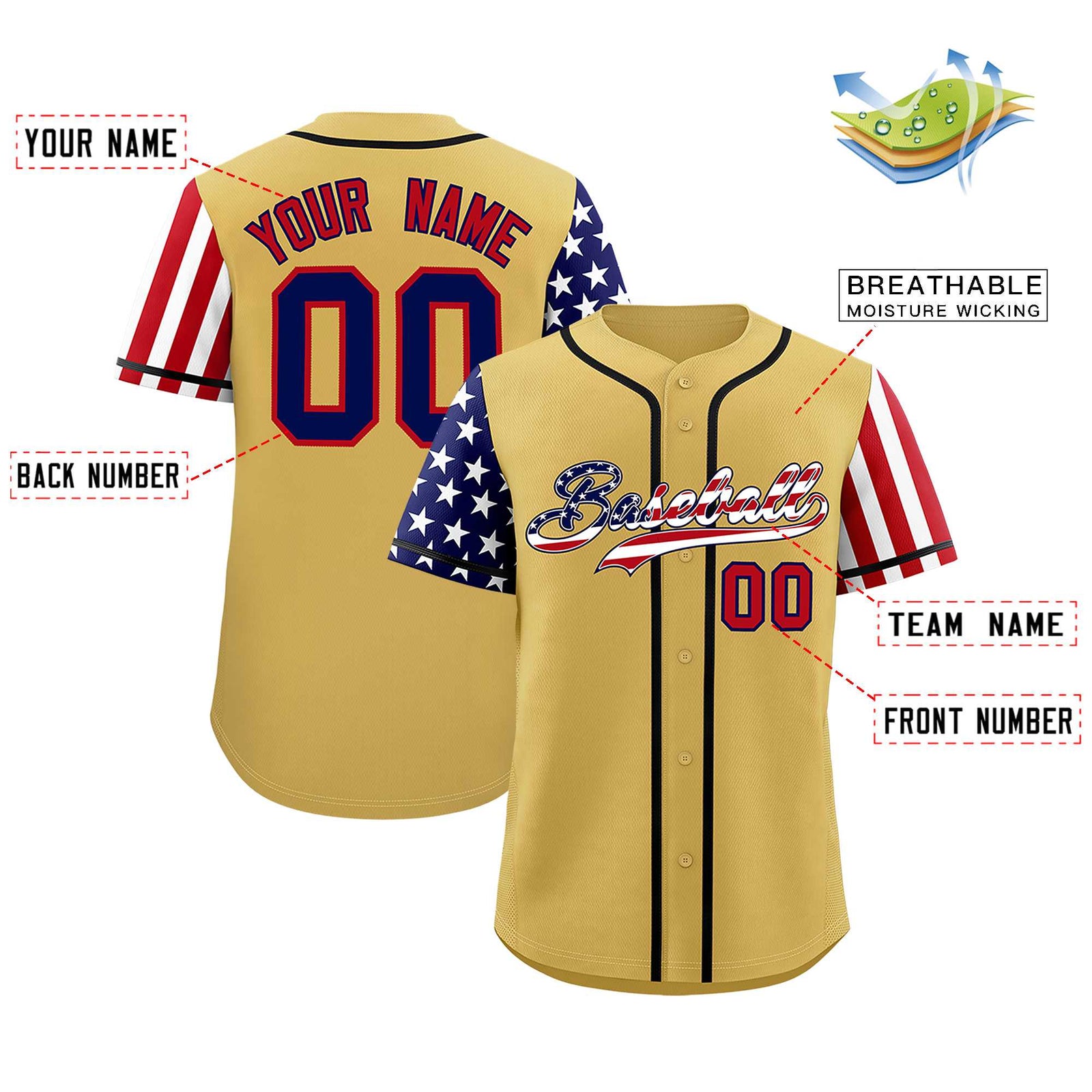 Custom Old Gold American Flag Design Personalized Baseball Jersey