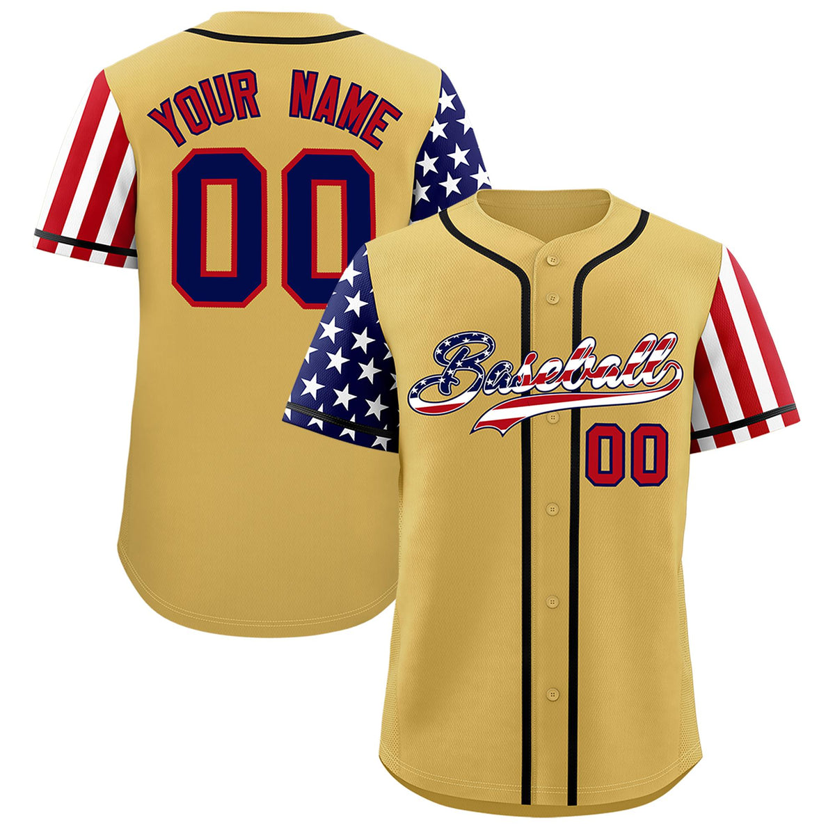 Custom Old Gold American Flag Design Personalized Baseball Jersey
