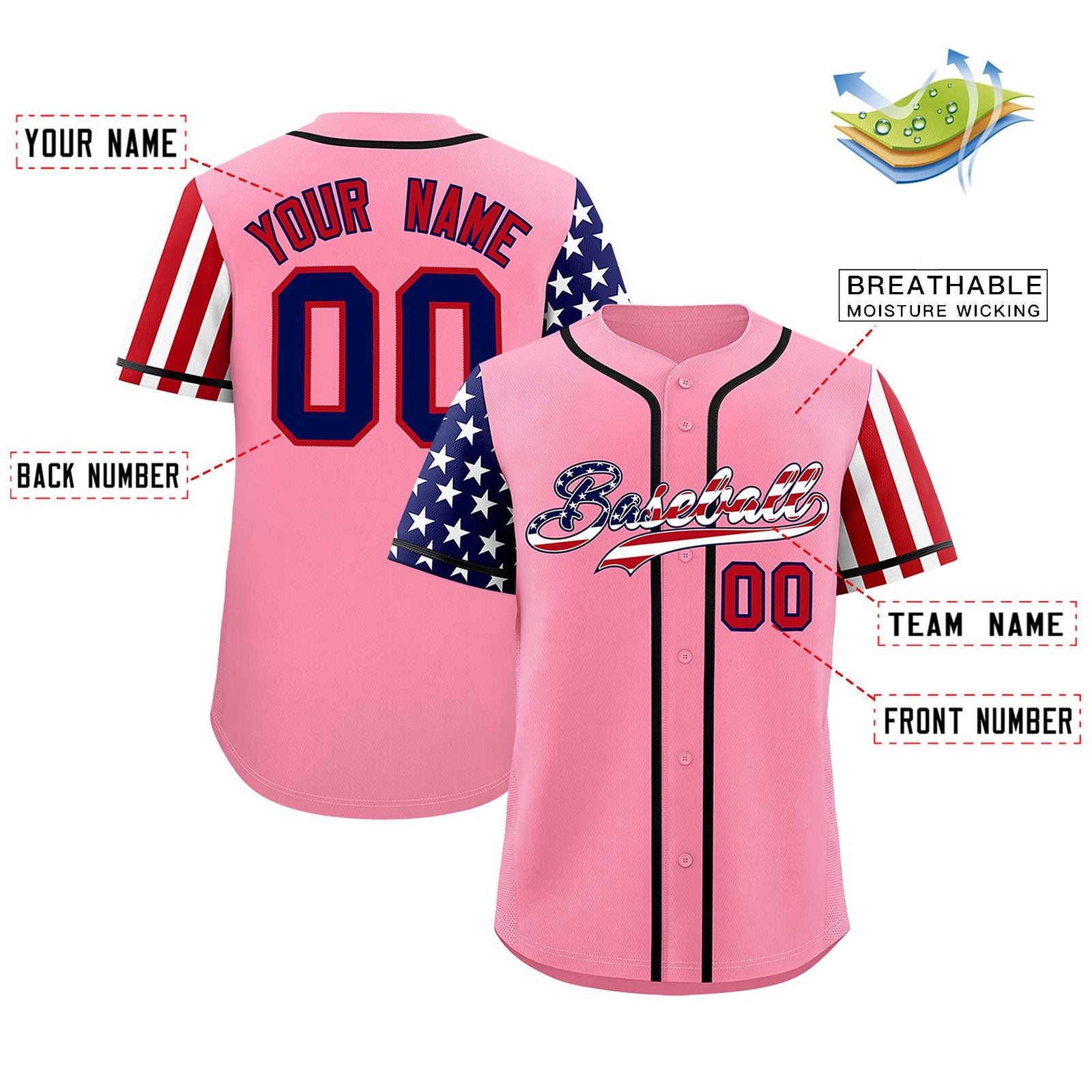 Custom Light Pink American Flag Design Personalized Baseball Jersey