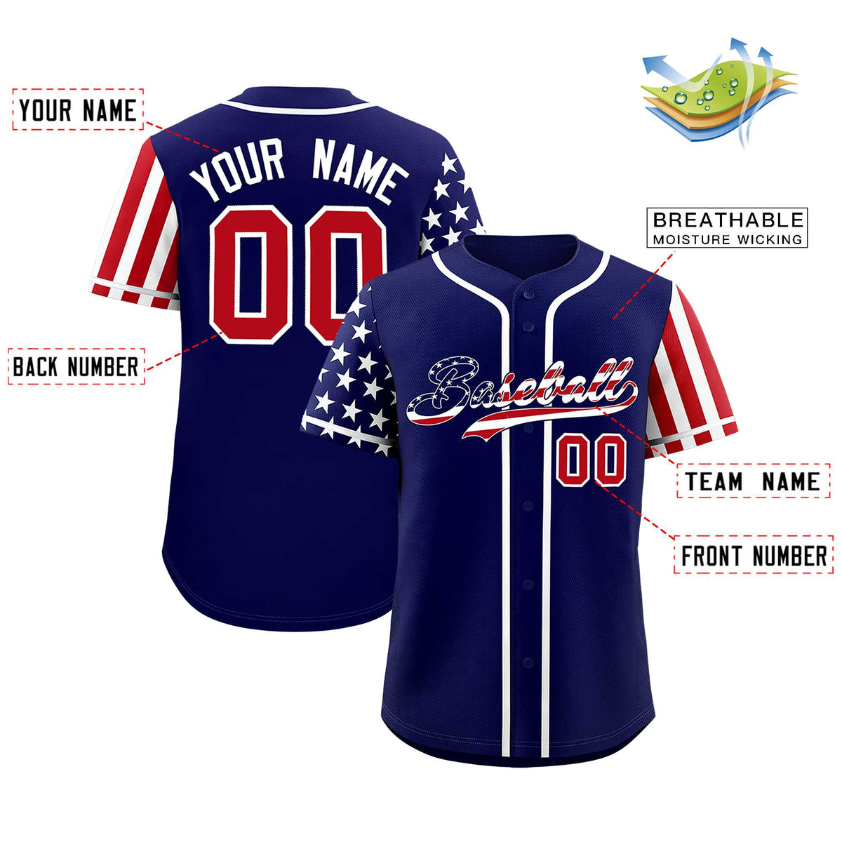 Custom Dark Blue American Flag Design Personalized Baseball Jersey