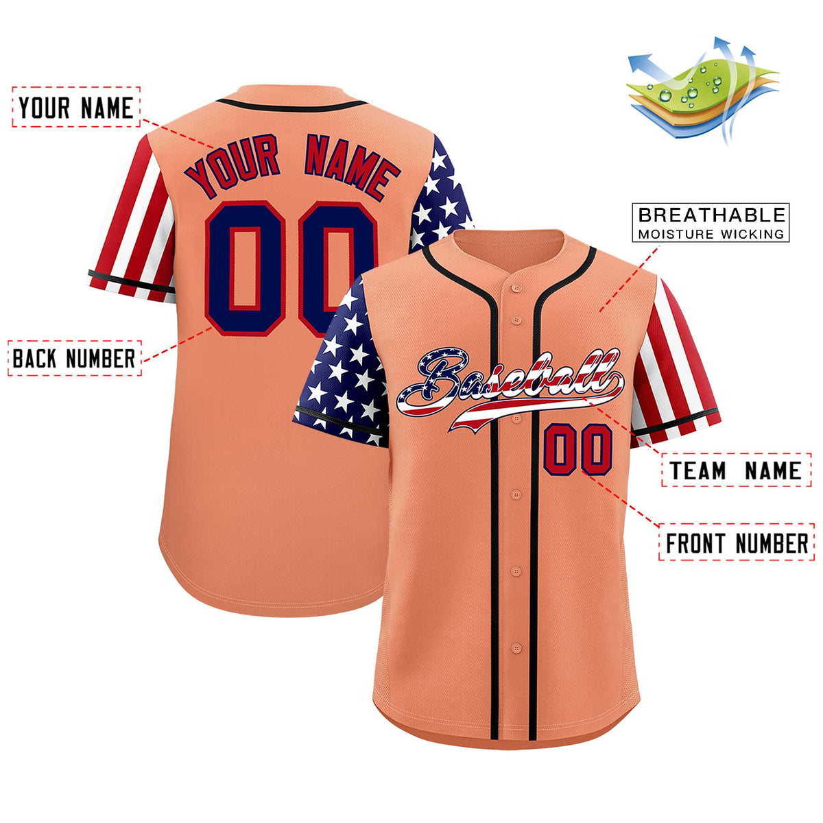 Custom Light Orange American Flag Design Personalized Baseball Jersey
