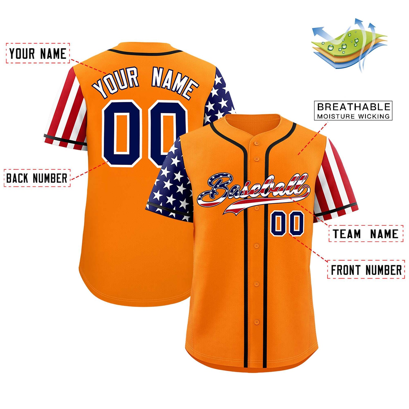 Custom Orange American Flag Design Personalized Baseball Jersey
