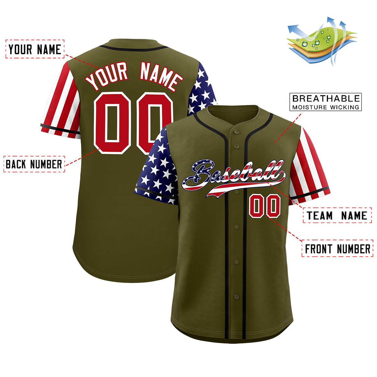 Custom Olive American Flag Design Personalized Baseball Jersey