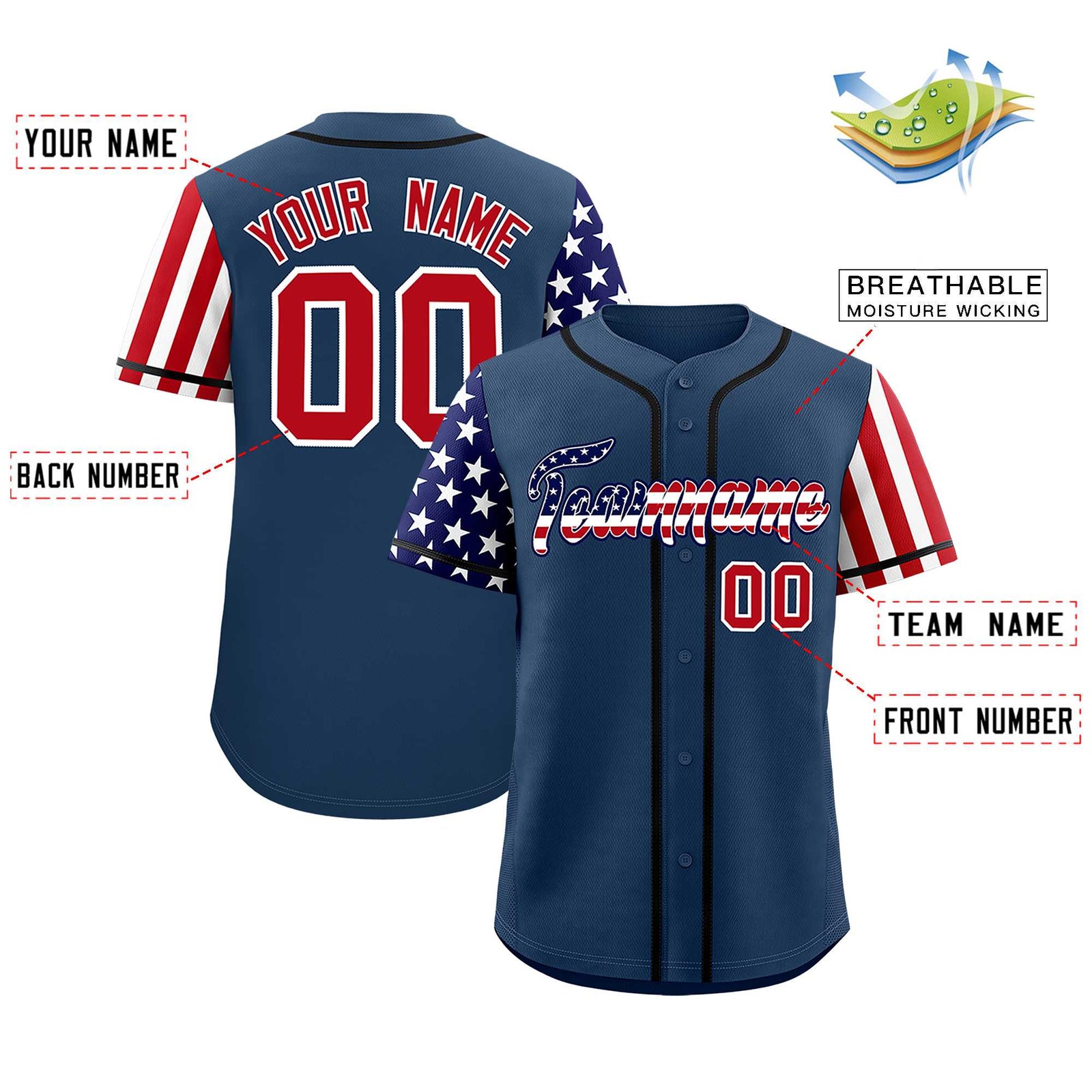 Custom Midnight Blue American Flag Design Personalized Baseball Jersey