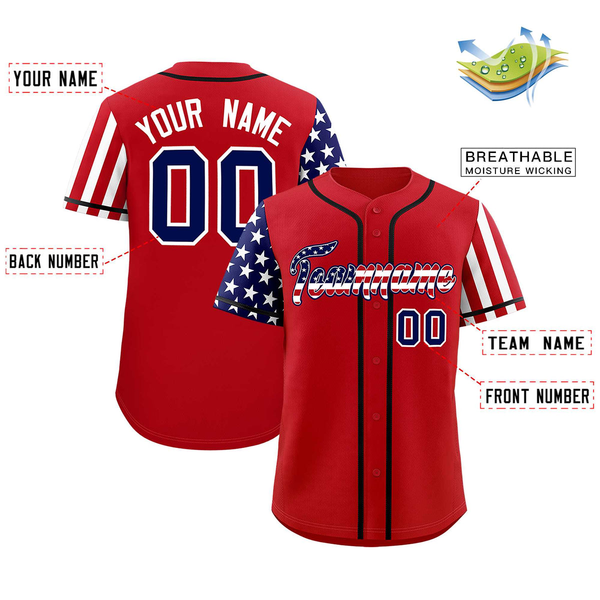 Custom Red American Flag Design Personalized Baseball Jersey