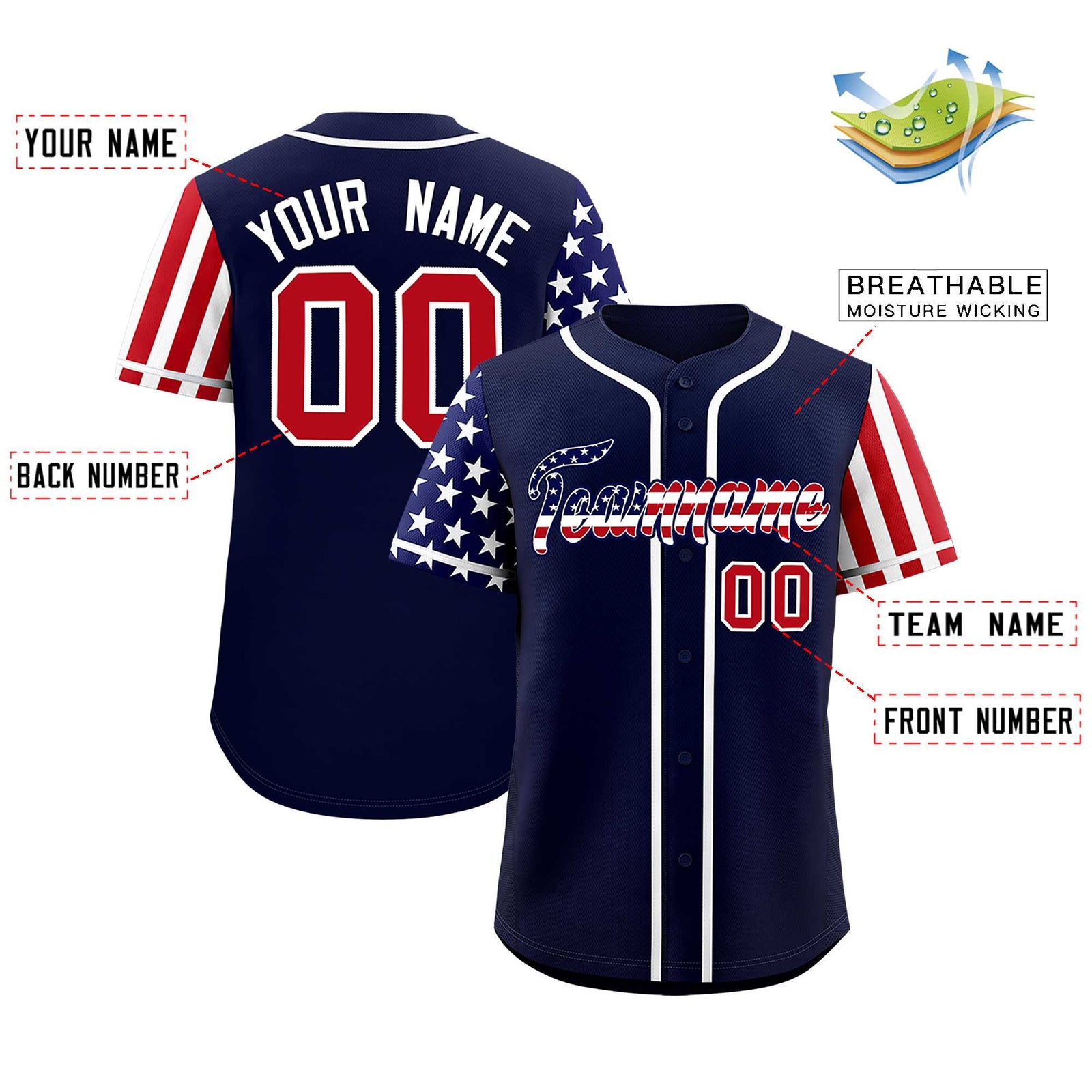 Custom Navy American Flag Design Personalized Baseball Jersey