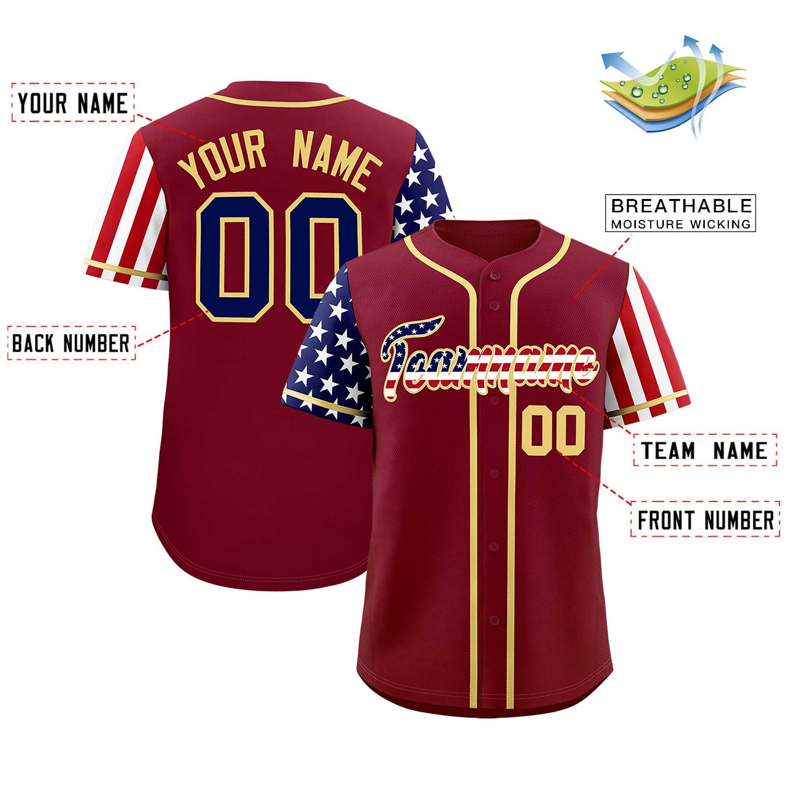 Custom Crimson American Flag Design Personalized Baseball Jersey
