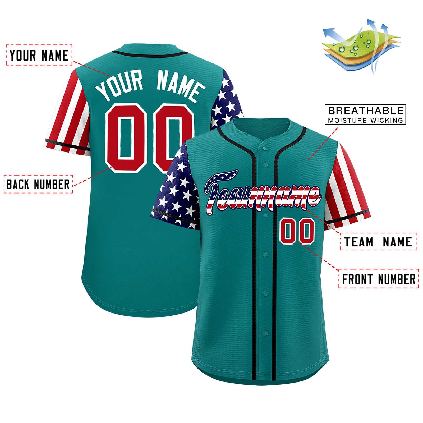 Custom Teal American Flag Design Personalized Baseball Jersey