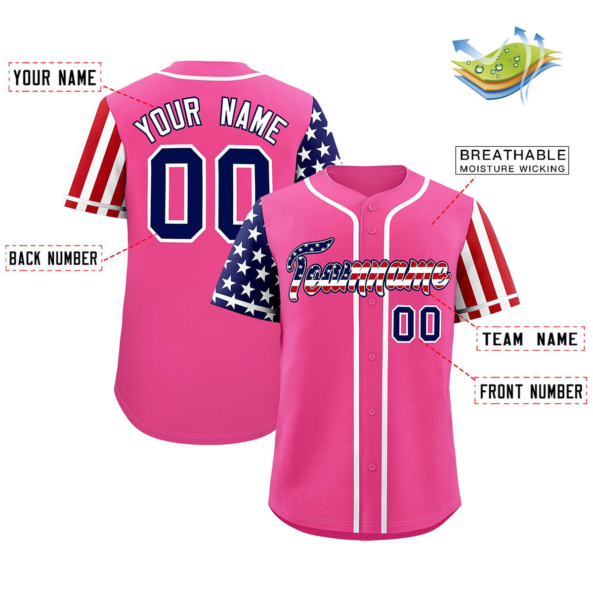 Custom Pink American Flag Design Personalized Baseball Jersey