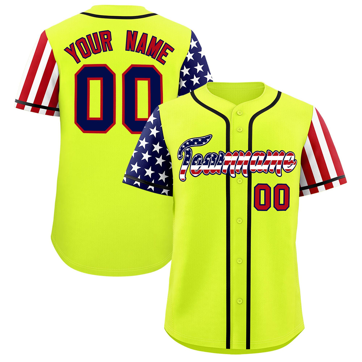 Custom Fluorescent Green American Flag Design Personalized Baseball Jersey