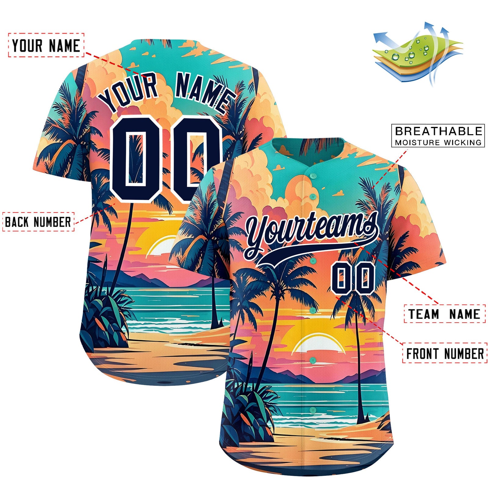 Custom Navy White Sunset Palm Tree Pattern Graffiti Hawaiian Style Baseball Jersey| KXKSHOP