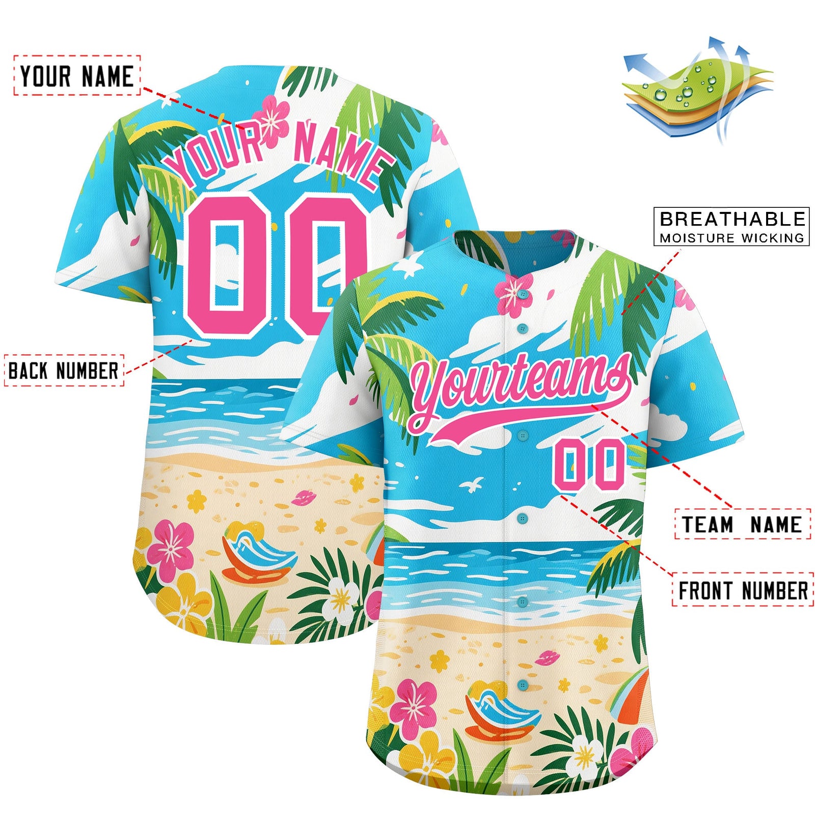 Custom White Pink Palm Tree Pattern Graffiti Hawaiian Style Baseball Jersey| KXKSHOP