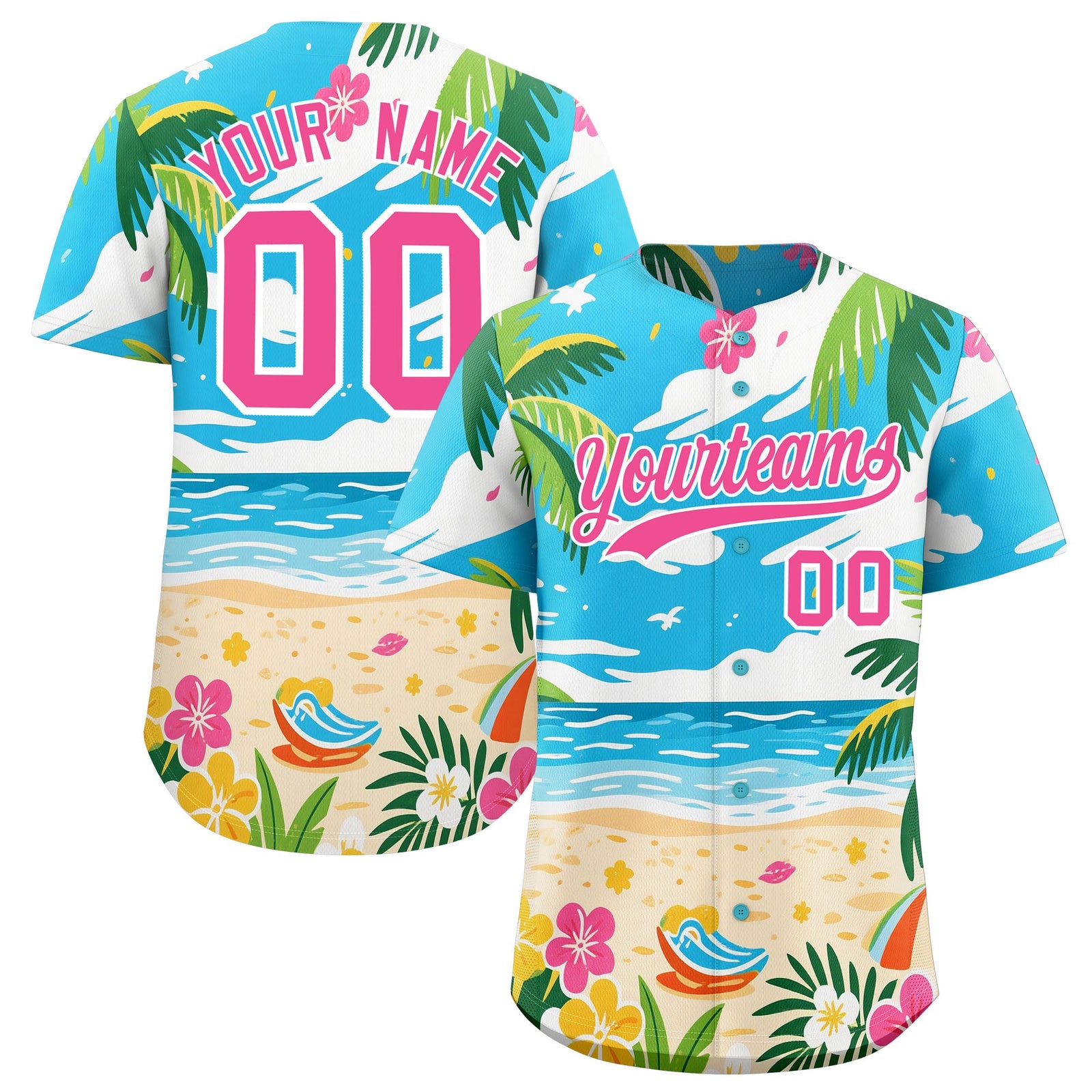 Custom White Pink Palm Tree Pattern Graffiti Hawaiian Style Baseball Jersey| KXKSHOP