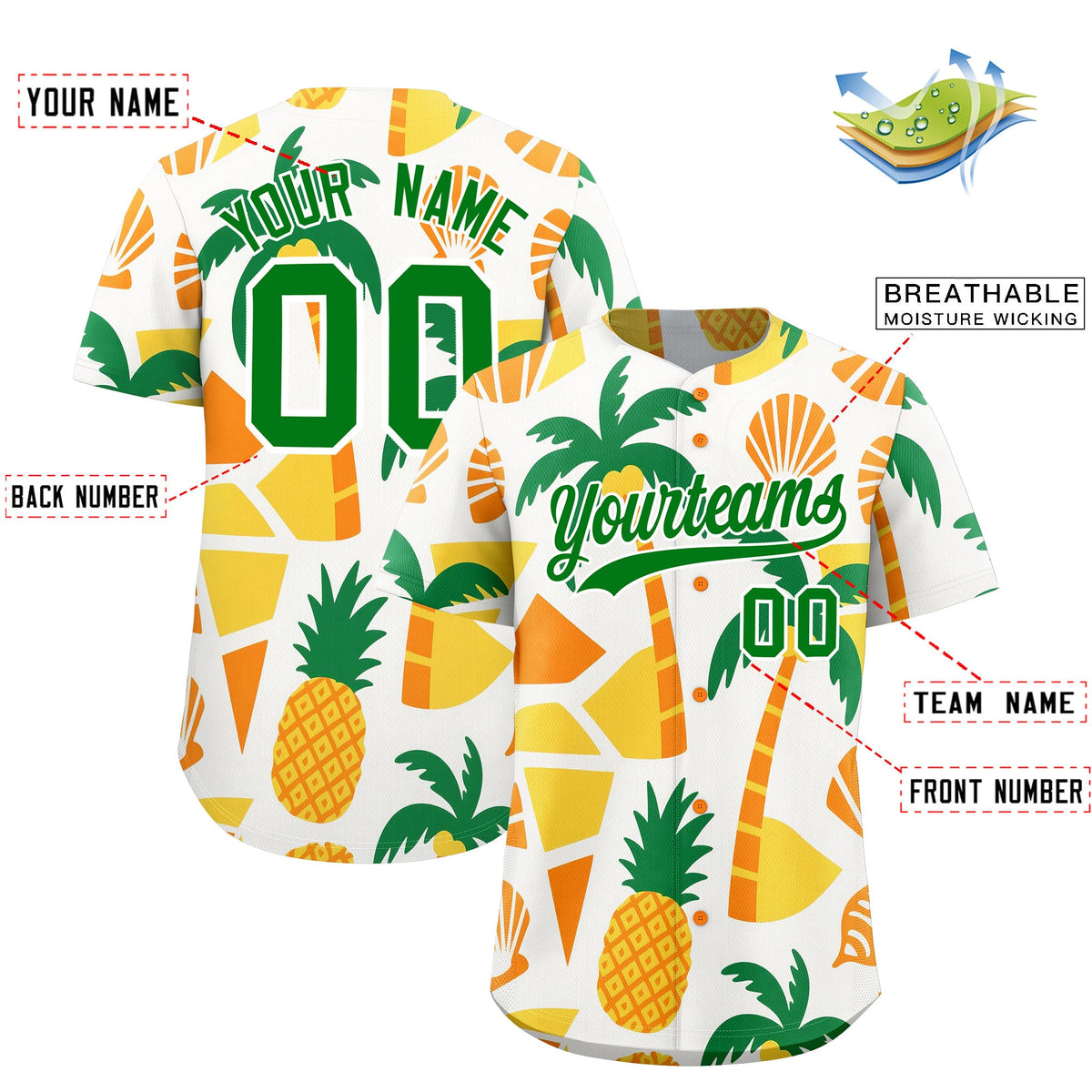 Custom White Kelly Green Palm Tree Pattern Graffiti Hawaiian Style Baseball Jersey| KXKSHOP