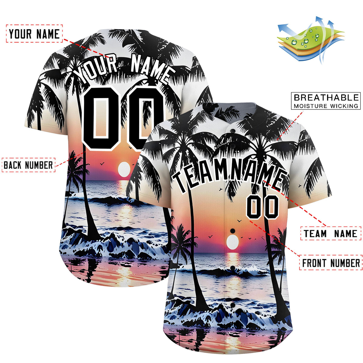 Custom Black White Sunset Palm Tree Pattern Graffiti Hawaiian Style Baseball Jersey| KXKSHOP