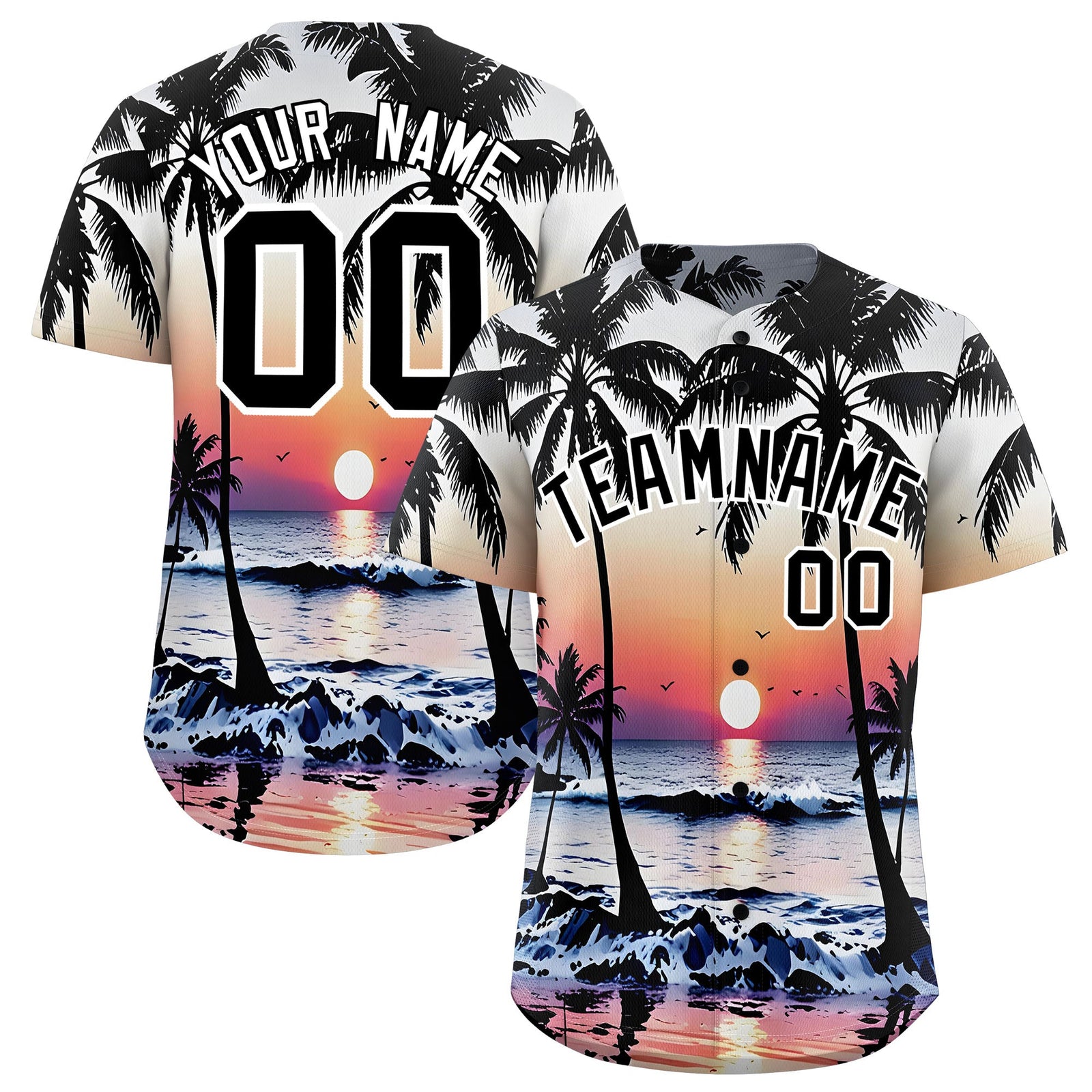 Custom Black White Sunset Palm Tree Pattern Graffiti Hawaiian Style Baseball Jersey| KXKSHOP