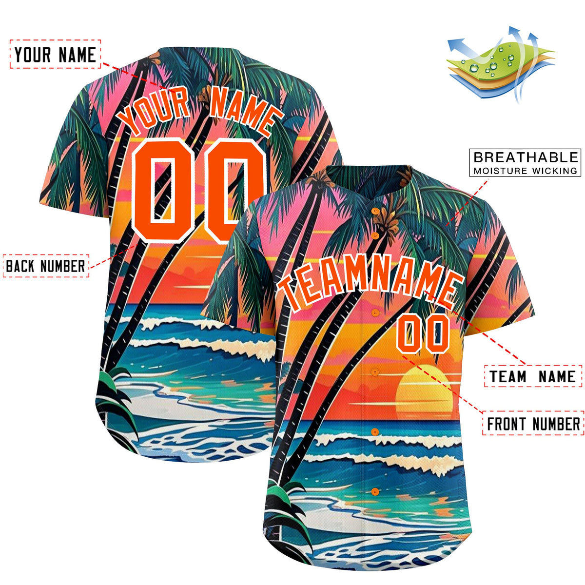 Custom Orange White Palm Tree Pattern Graffiti Hawaiian Style Baseball Jersey| KXKSHOP