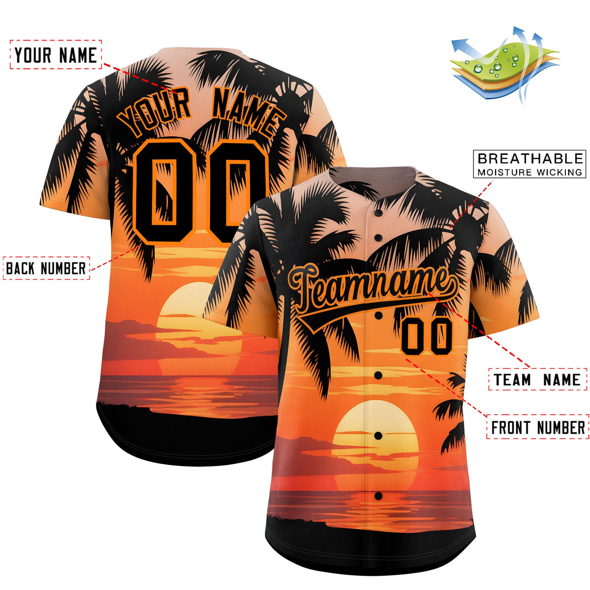 Custom Black Orange Palm Tree Pattern Graffiti Hawaiian Style Baseball Jersey| KXKSHOP