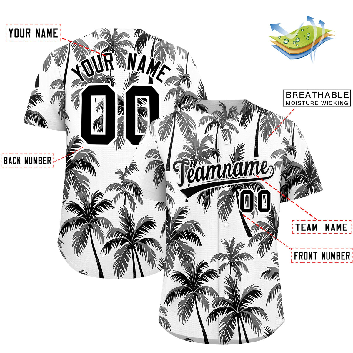 Custom Black White Palm Tree Pattern Graffiti Hawaiian Style Baseball Jersey| KXKSHOP
