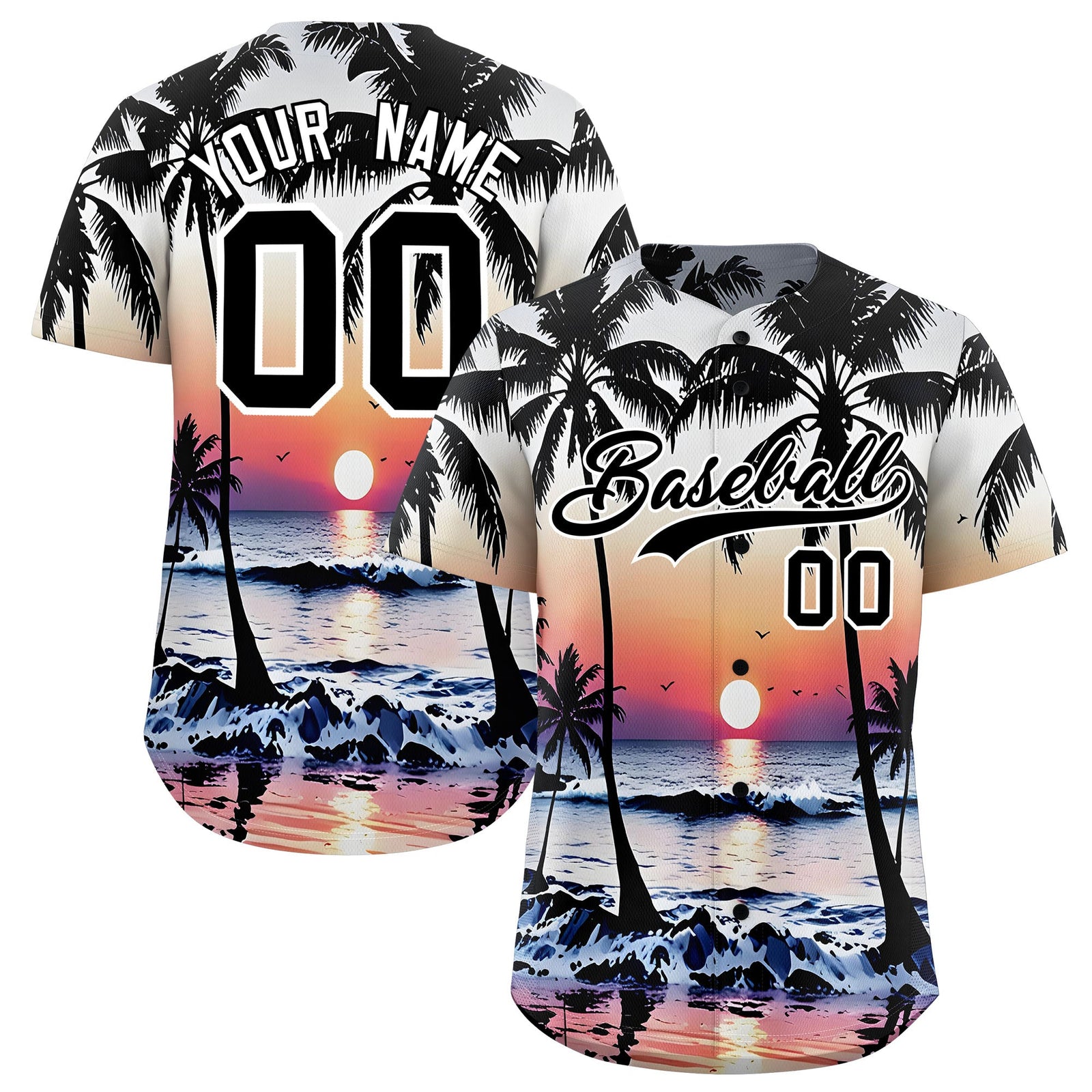 Custom Black White Sunset Palm Tree Pattern Graffiti Hawaiian Style Baseball Jersey| KXKSHOP