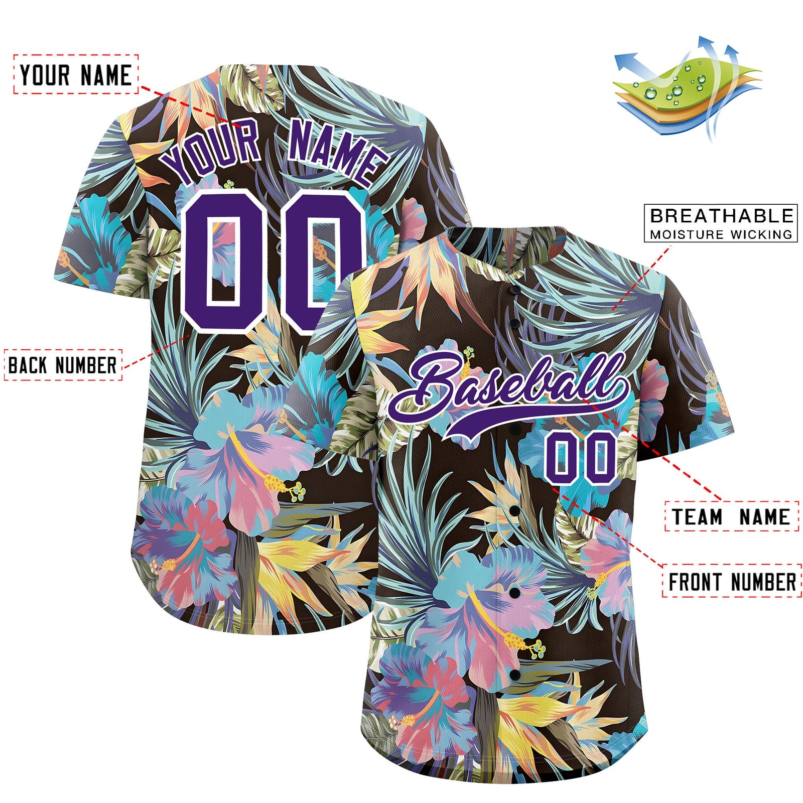 Custom Purple White Palm Tree Pattern Graffiti Hawaiian Style Baseball Jersey| KXKSHOP