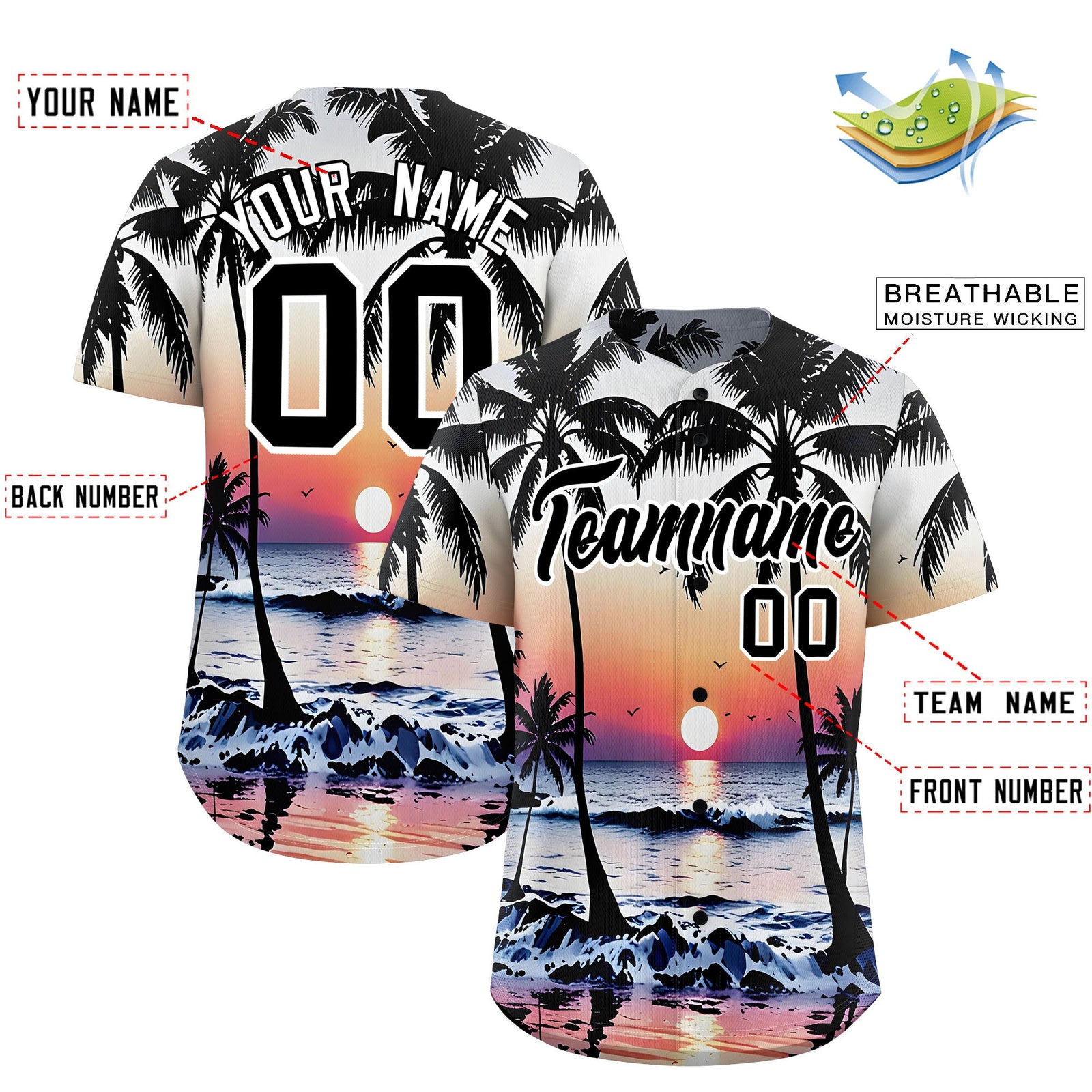 Custom Black White Sunset Palm Tree Pattern Graffiti Hawaiian Style Baseball Jersey| KXKSHOP
