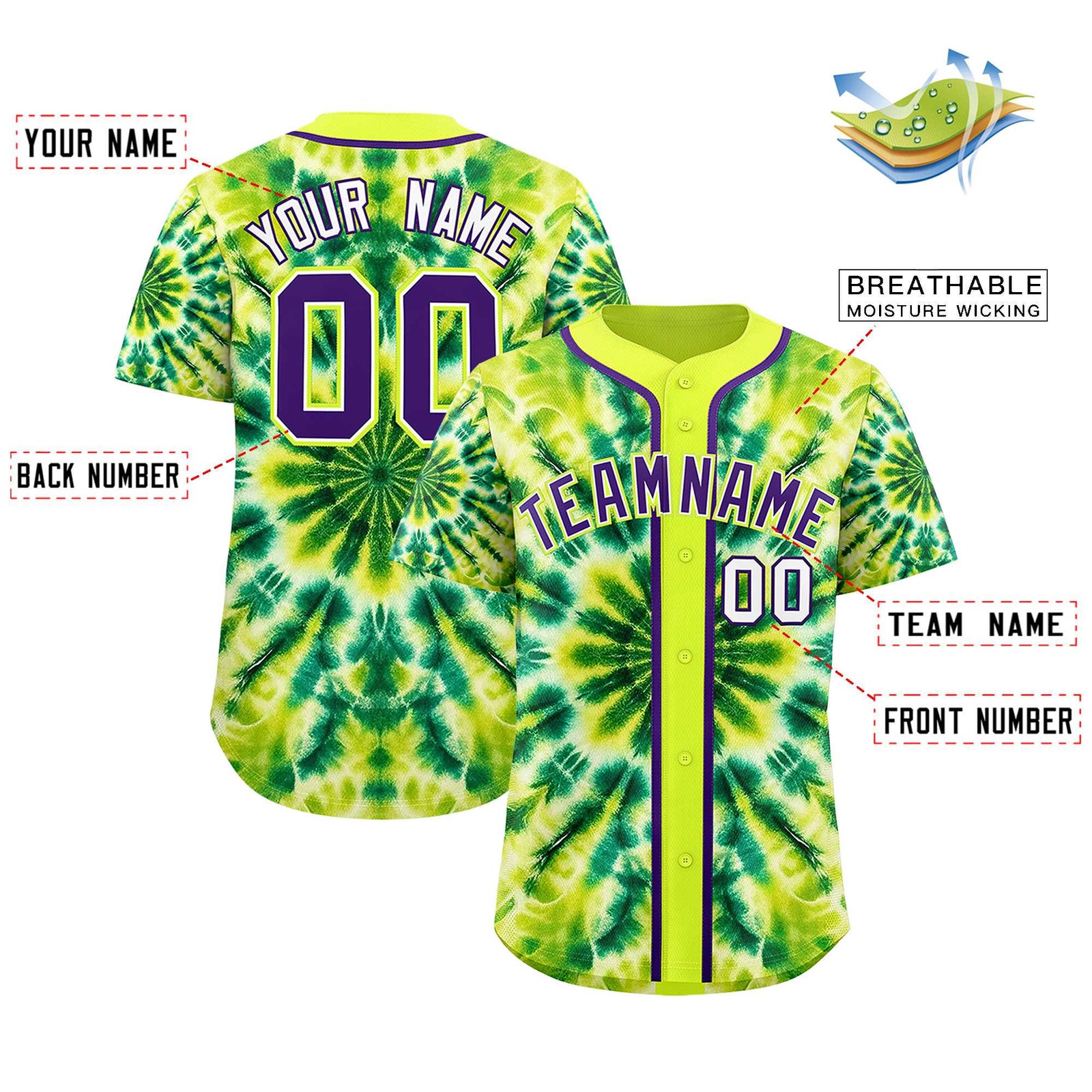 Custom Fluorescent Green Tie-Dye Graffiti Pattern Authentic Baseball Jersey