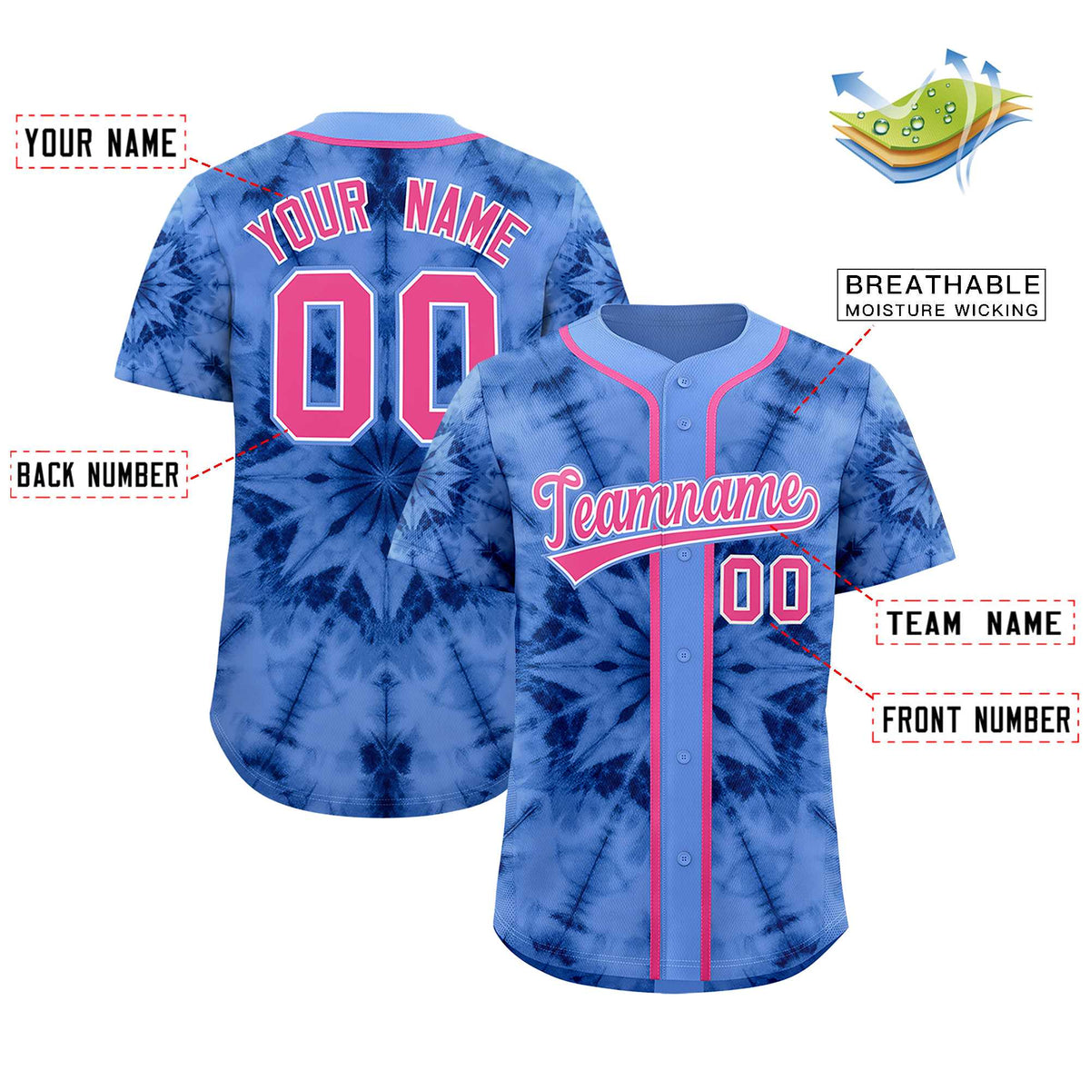 Custom Light Blue Tie-Dye Graffiti Pattern Authentic Baseball Jersey