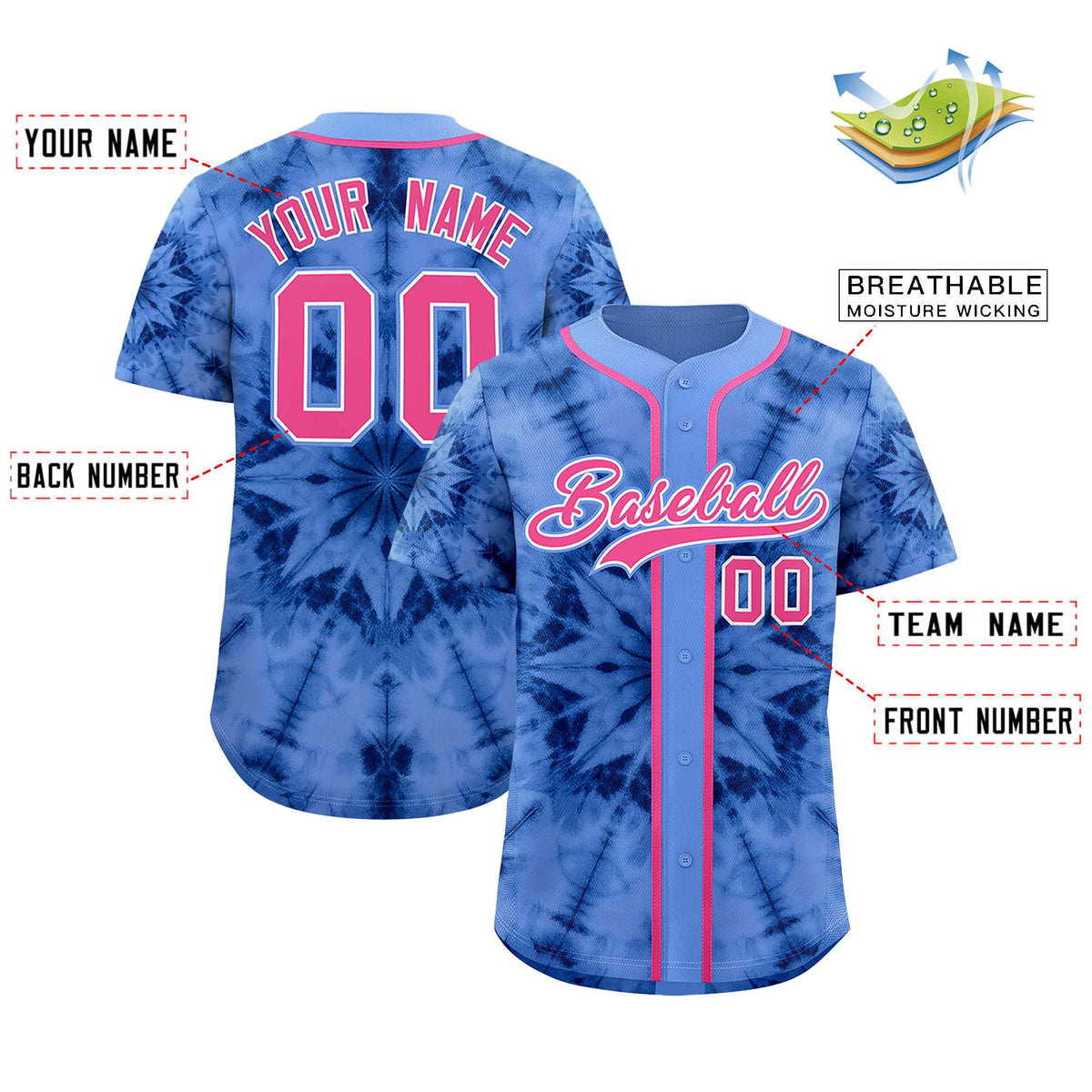 Custom Light Blue Tie-Dye Graffiti Pattern Authentic Baseball Jersey