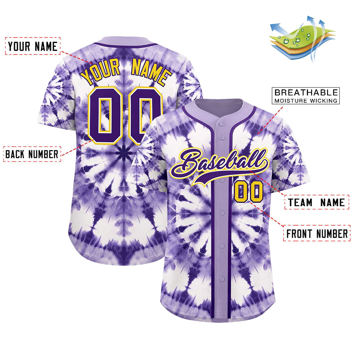 Custom Light Purple Tie-Dye Graffiti Pattern Authentic Baseball Jersey