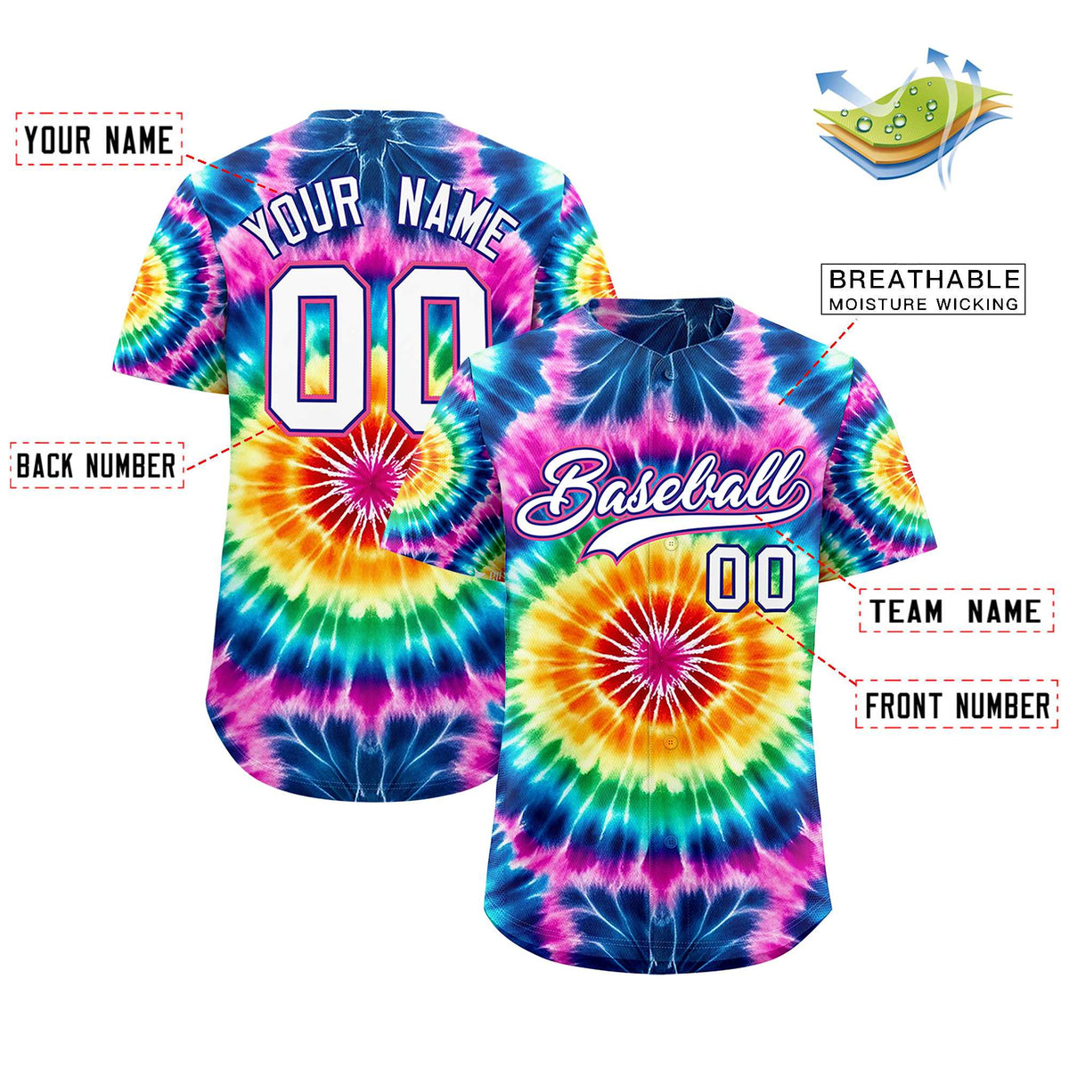 Custom Multi Color Tie-Dye Graffiti Pattern Authentic Baseball Jersey