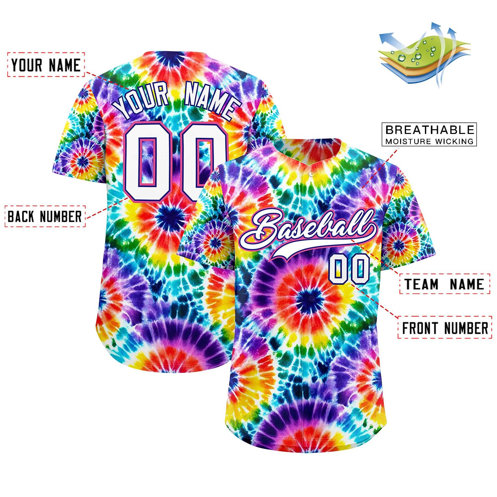 Custom Multi Color Tie-Dye Graffiti Pattern Authentic Baseball Jersey