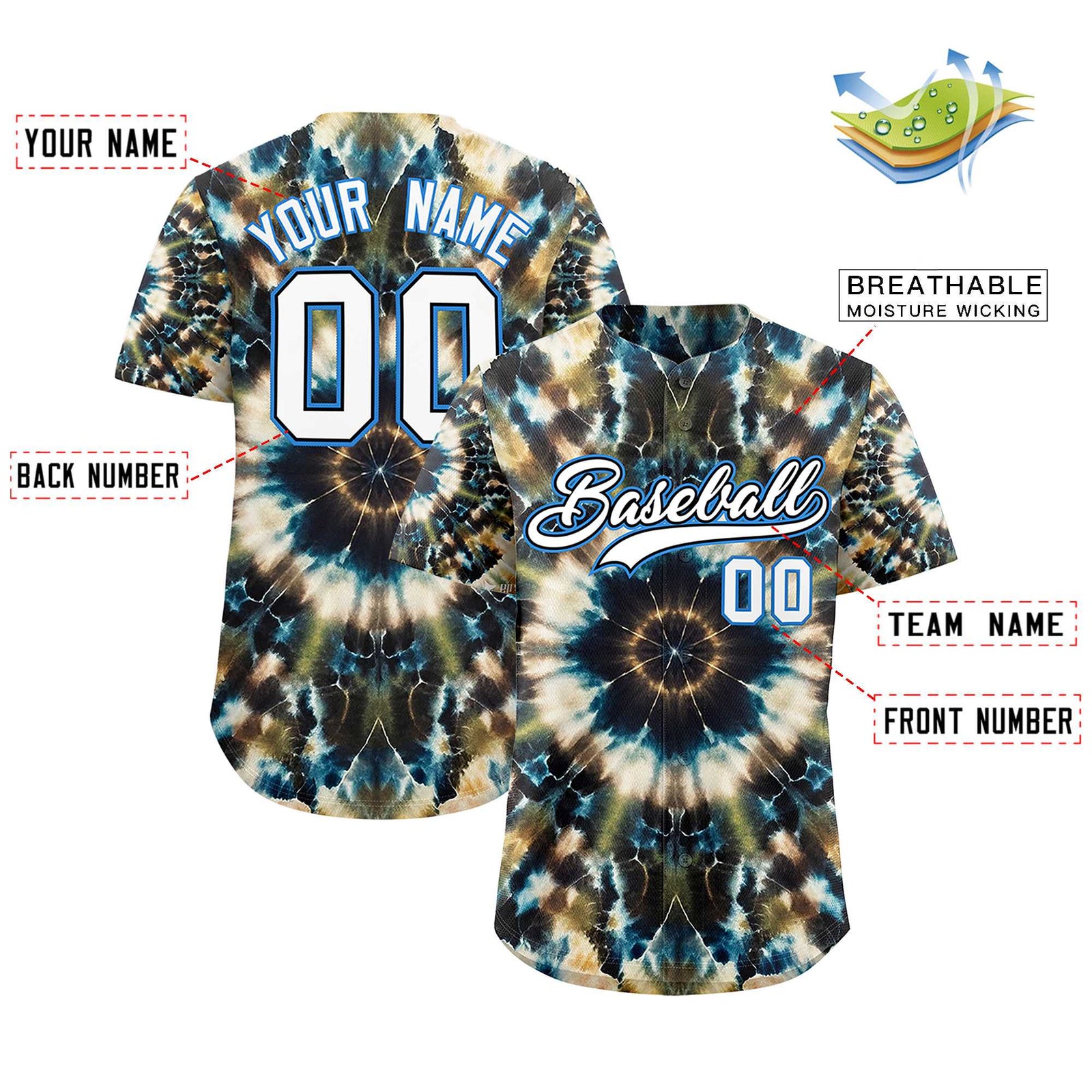 Custom Multi Color Tie-Dye Graffiti Pattern Authentic Baseball Jersey