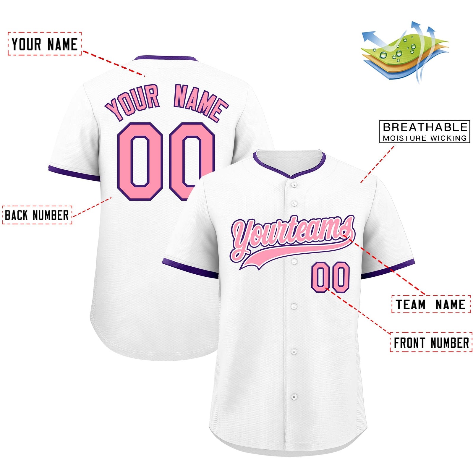 Custom White Light Pink Purple Classic Style Stitched Sports Uniform For Men Women Youth Personalized Quick Dry Baseball Jersey| KXKSHOP