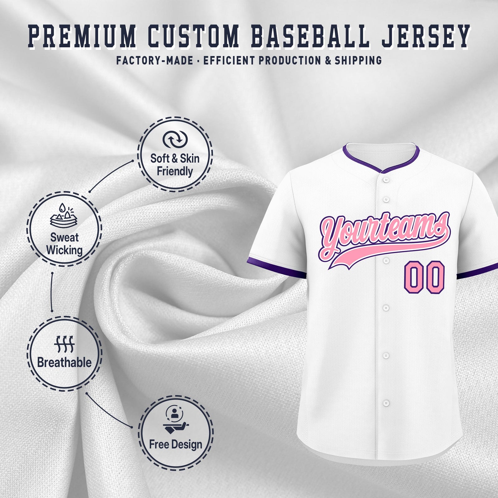 Custom White Light Pink Purple Classic Style Stitched Sports Uniform For Men Women Youth Personalized Quick Dry Baseball Jersey| KXKSHOP