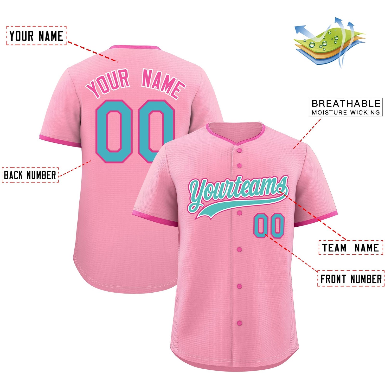 Custom Light Pink Rose Red Teal Classic Style Stitched Sports Uniform For Men Women Youth Personalized Quick Dry Baseball Jersey| KXKSHOP
