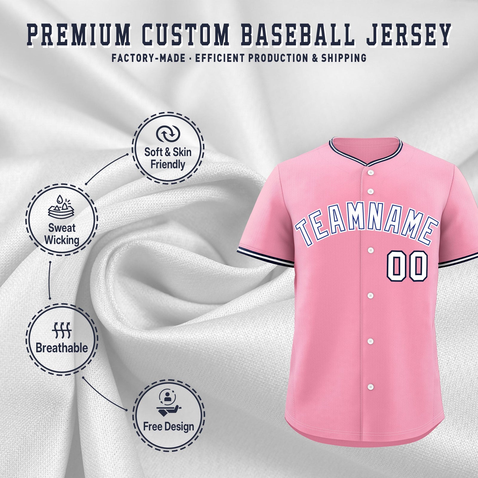 Custom Light Pink White Navy Classic Style Stitched Sports Uniform For Men Women Youth Personalized Quick Dry Baseball Jersey| KXKSHOP