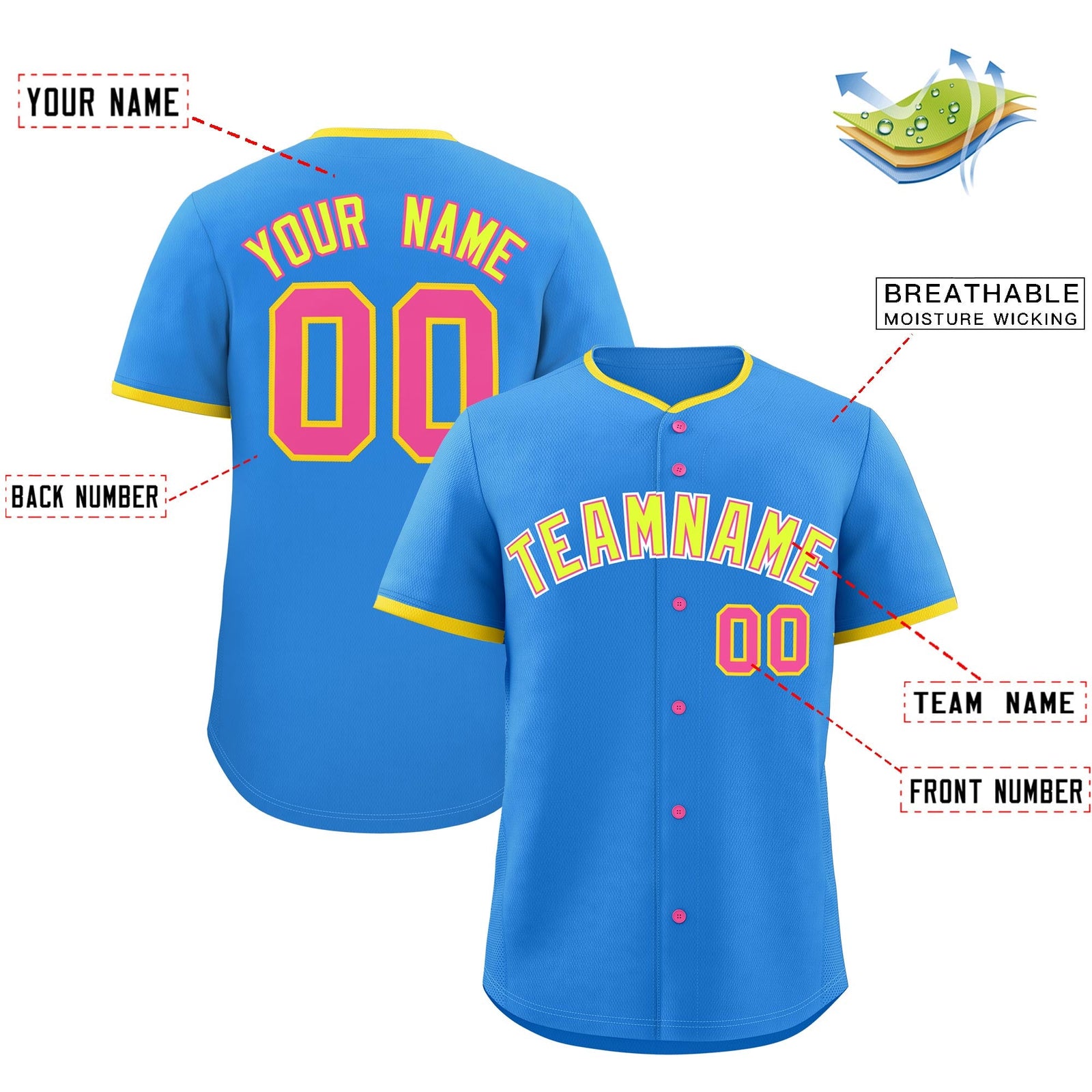 Custom Light Blue Fluorescent Green Pink Classic Style Stitched Sports Uniform For Men Women Youth Personalized Lightweight Baseball Jersey| KXKSHOP