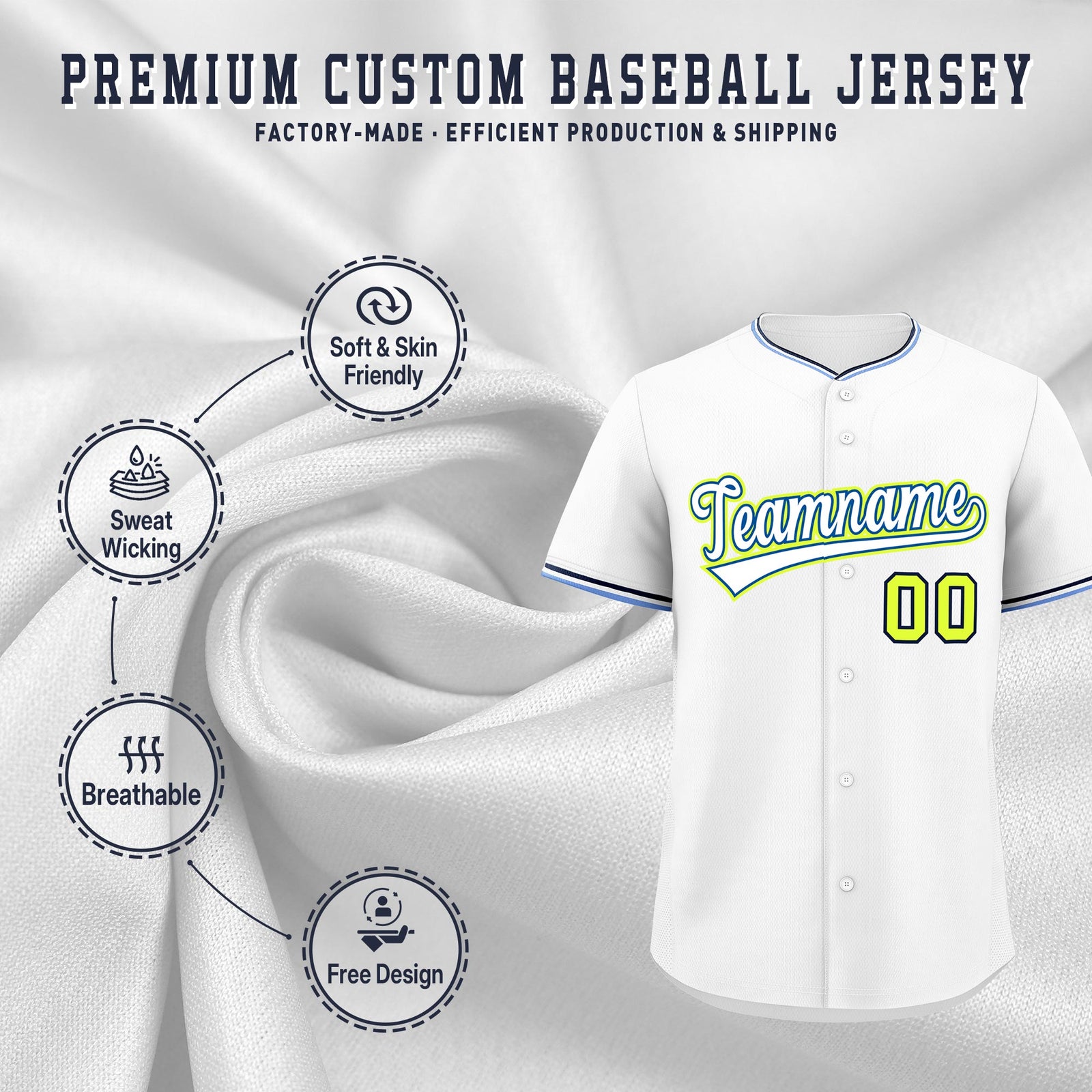 Custom White Navy Fluorescent Green Classic Style Stitched Sports Uniform For Men Women Youth Personalized Lightweight Baseball Jersey| KXKSHOP