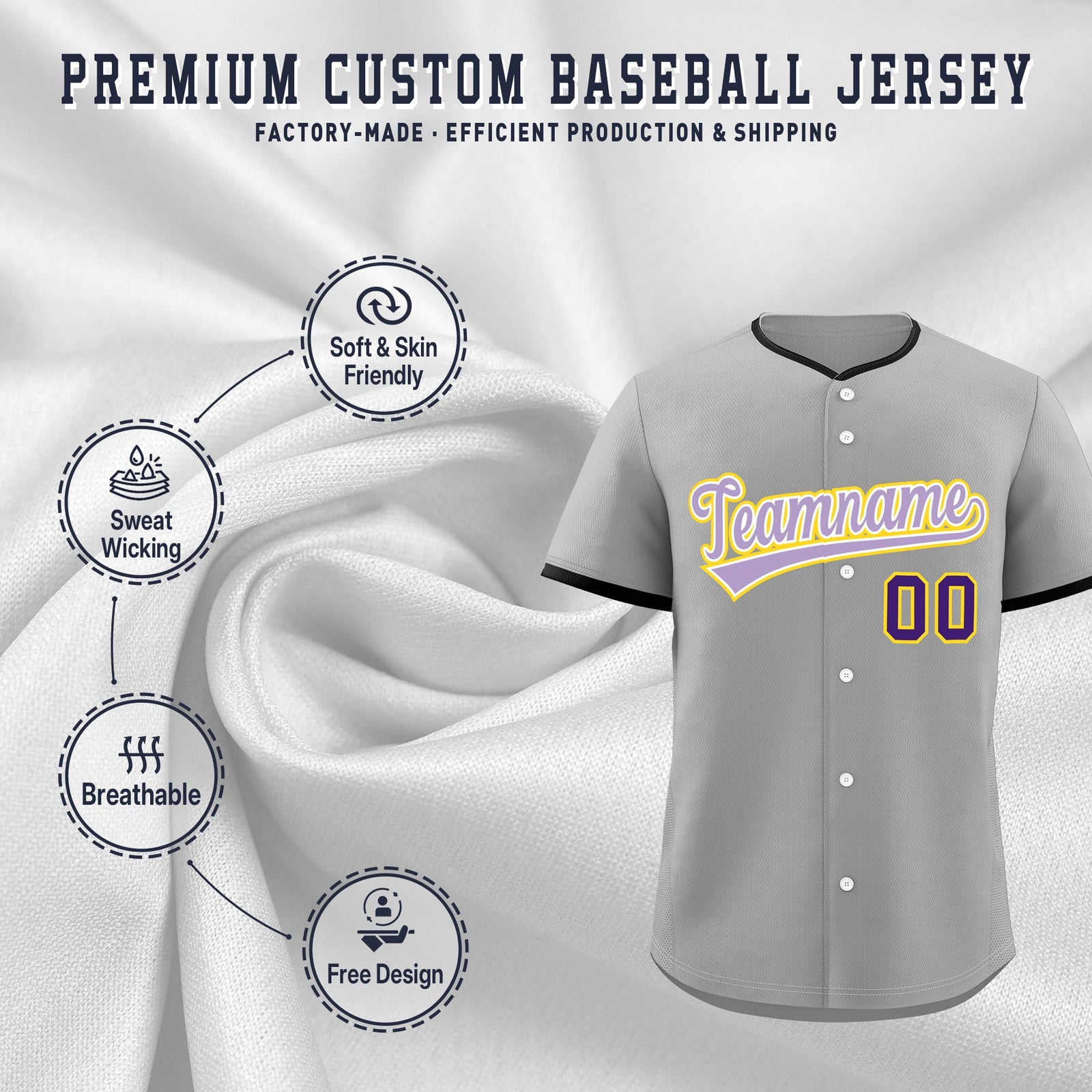 Custom Gray Light Purple White Classic Style Stitched Sports Uniform For Men Women Youth Personalized Quick Dry Baseball Jersey| KXKSHOP