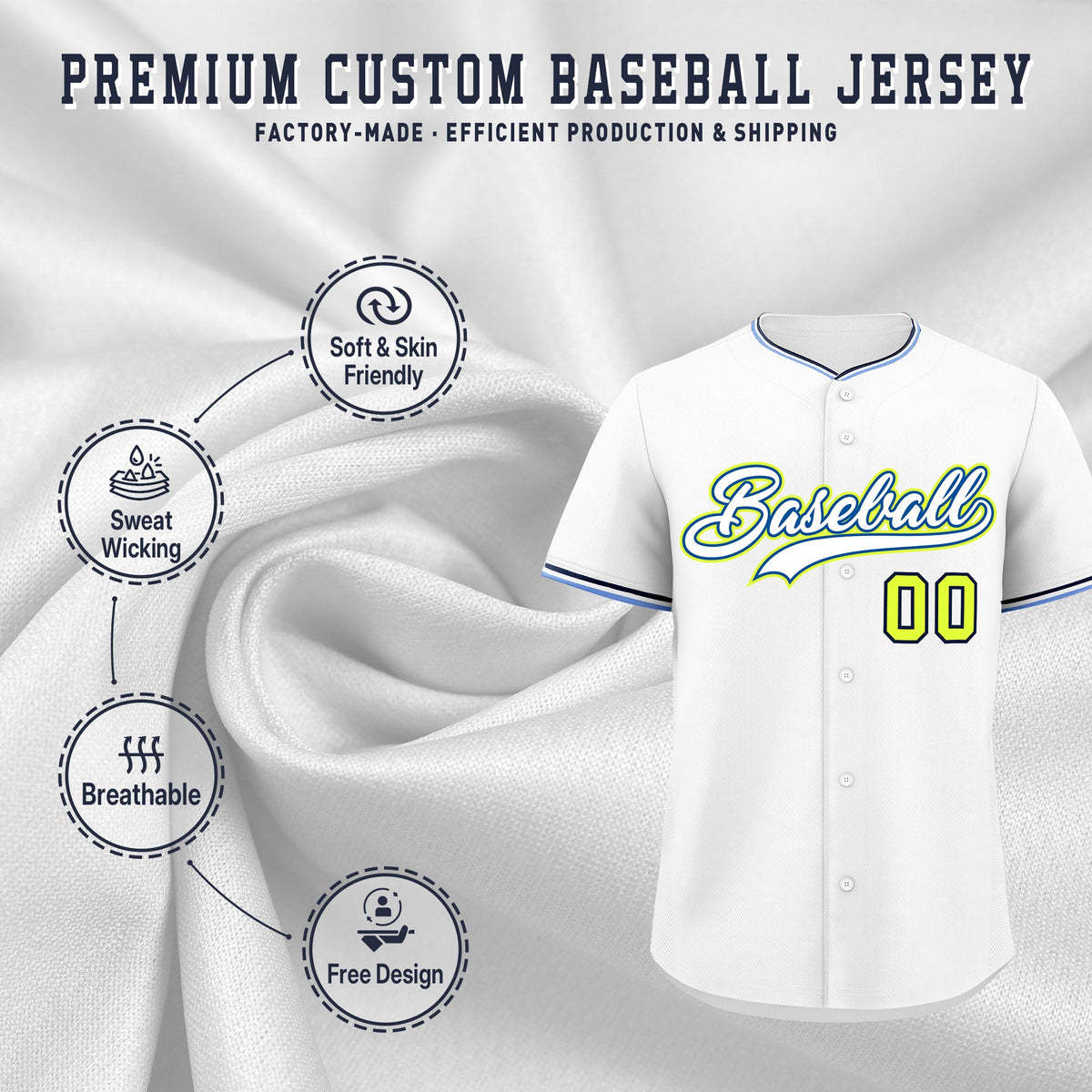 Custom White Navy Fluorescent Green Classic Style Stitched Sports Uniform For Men Women Youth Personalized Lightweight Baseball Jersey| KXKSHOP