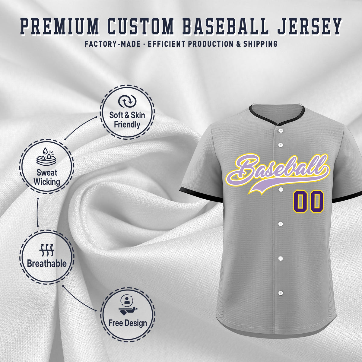Custom Gray Light Purple White Classic Style Stitched Sports Uniform For Men Women Youth Personalized Quick Dry Baseball Jersey| KXKSHOP