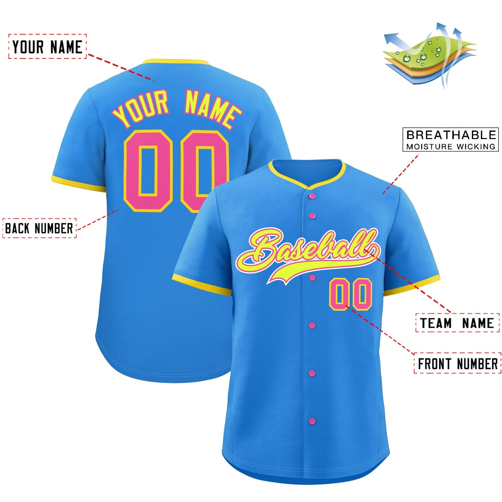 Custom Light Blue Fluorescent Green Pink Classic Style Stitched Sports Uniform For Men Women Youth Personalized Lightweight Baseball Jersey| KXKSHOP