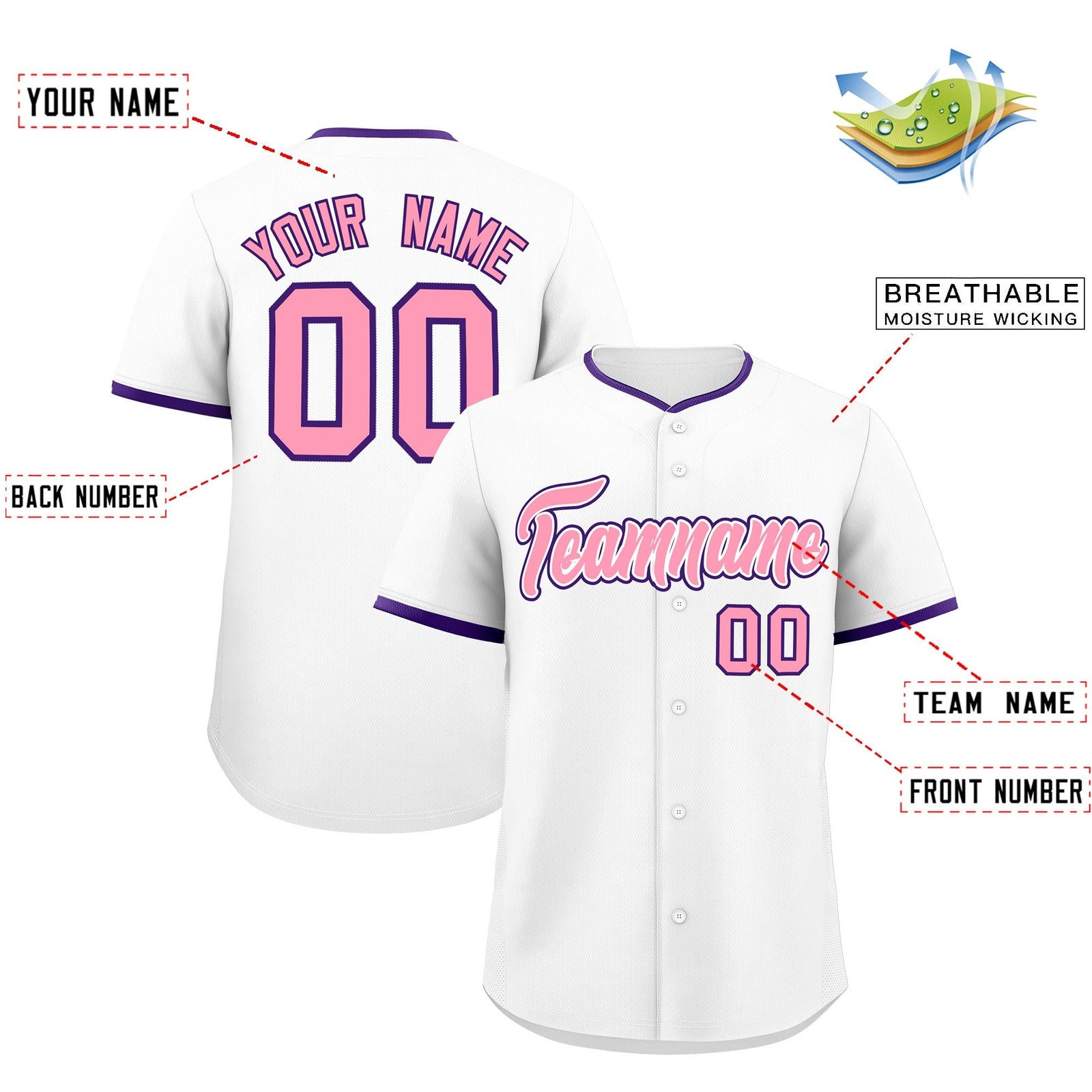 Custom White Light Pink Purple Classic Style Stitched Sports Uniform For Men Women Youth Personalized Quick Dry Baseball Jersey| KXKSHOP