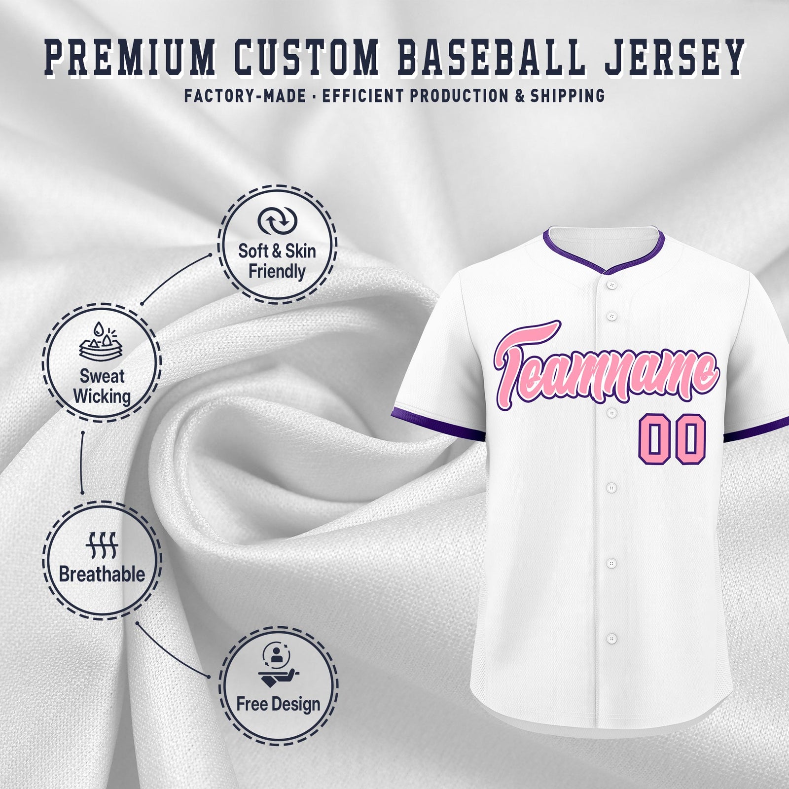 Custom White Light Pink Purple Classic Style Stitched Sports Uniform For Men Women Youth Personalized Quick Dry Baseball Jersey| KXKSHOP