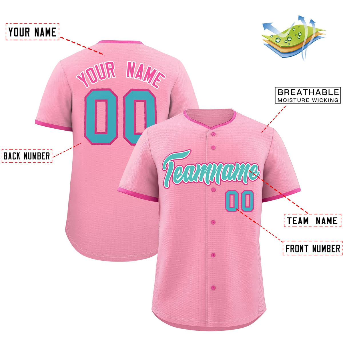 Custom Light Pink Rose Red Teal Classic Style Stitched Sports Uniform For Men Women Youth Personalized Quick Dry Baseball Jersey| KXKSHOP