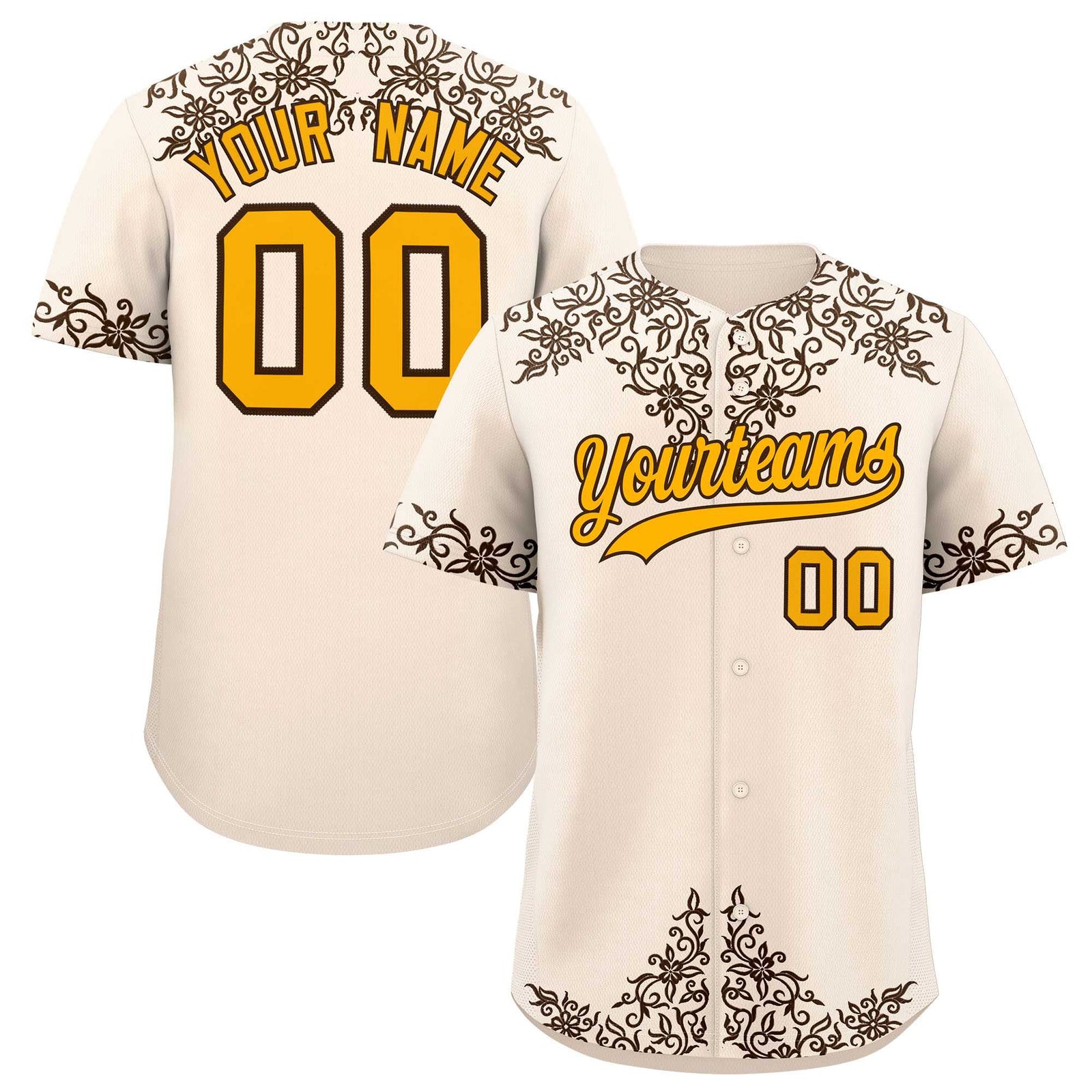 Custom Cream Brown Baroque Style Personalized Baseball Jersey