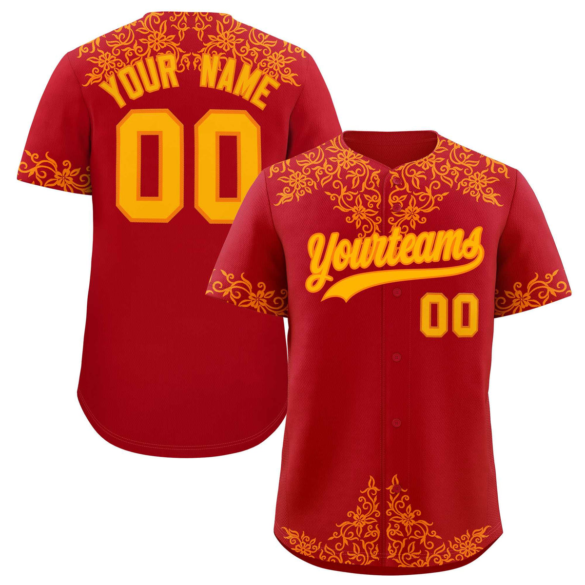Custom Red Yellow Baroque Style Personalized Baseball Jersey